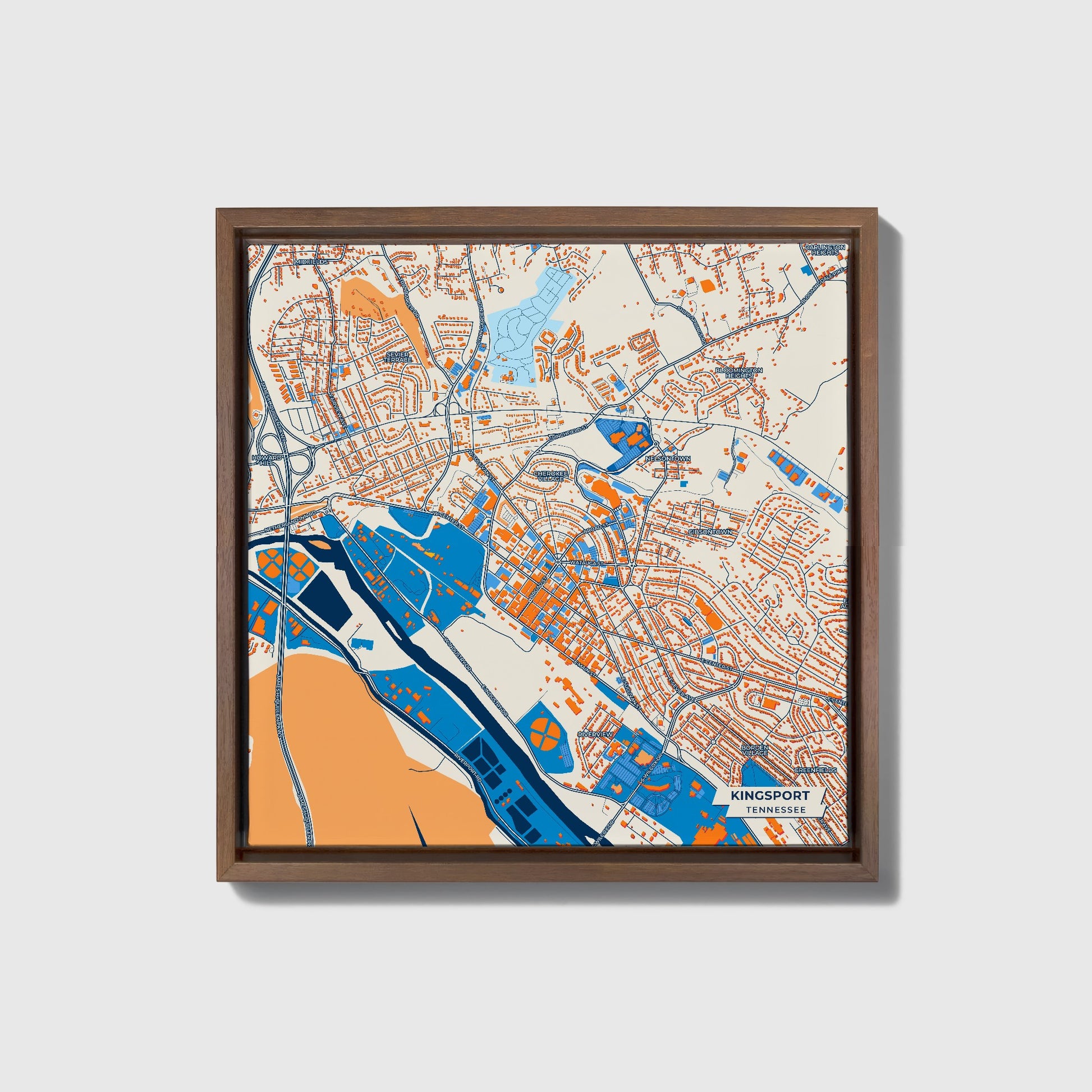 Kingsport Tennessee Colorful City Map Canvas Print • Dark Wooden Framed