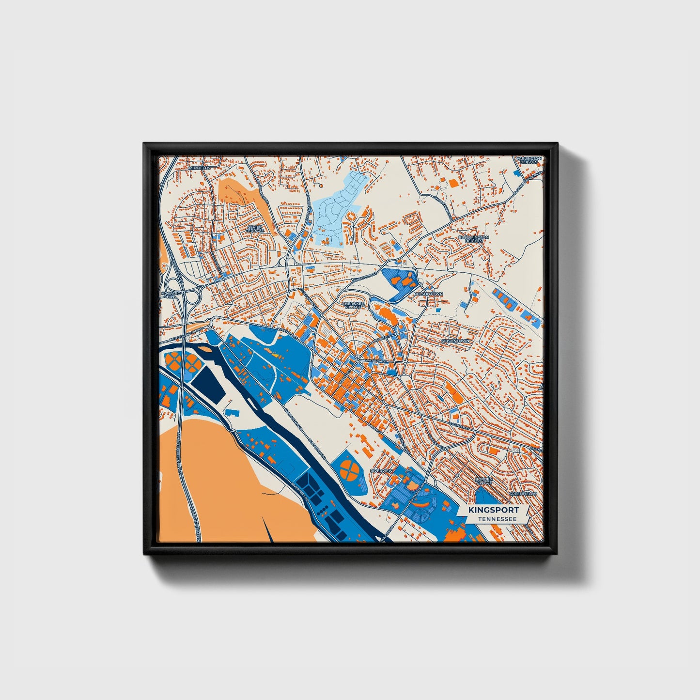 Kingsport Tennessee Colorful City Map Canvas Print • Black Framed