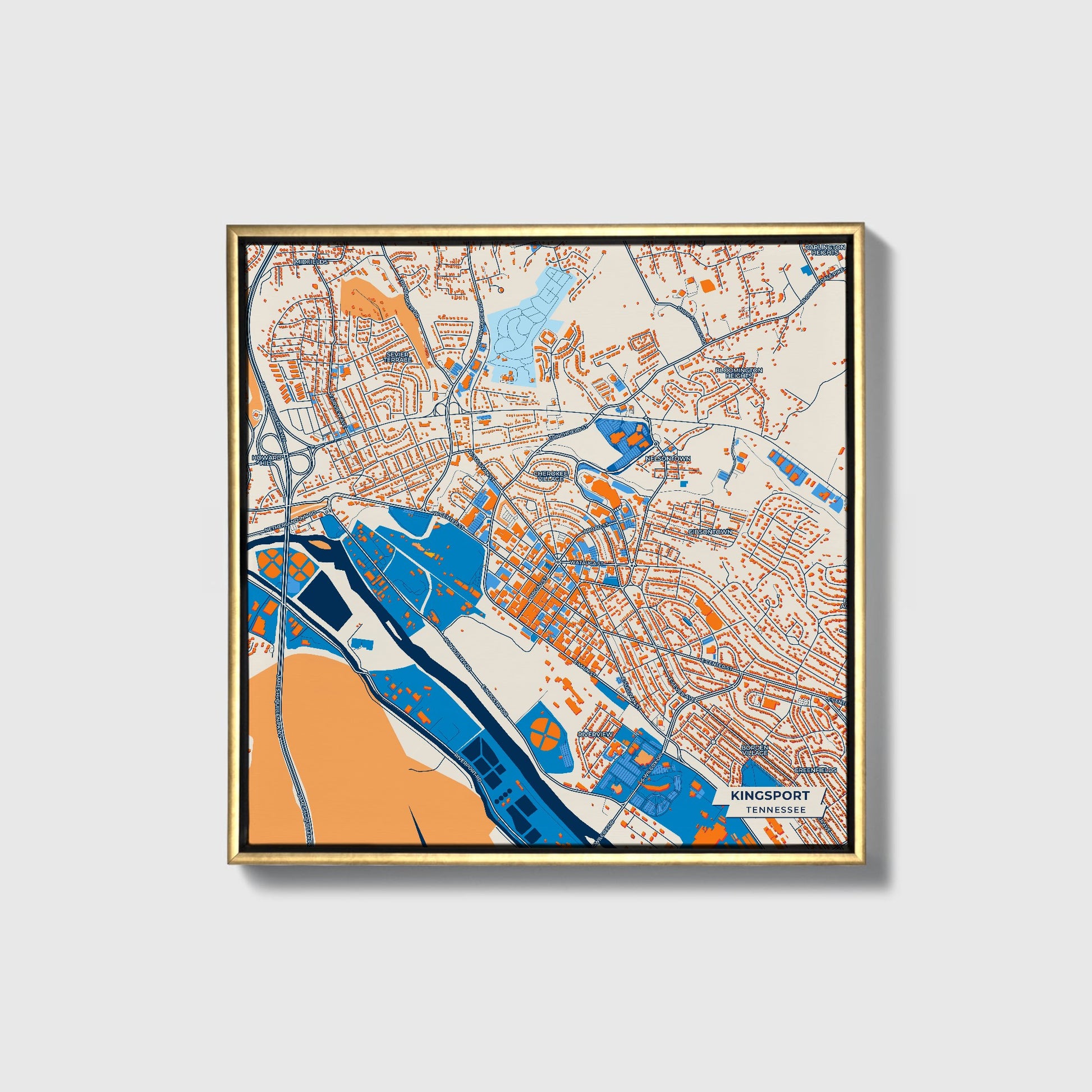 Kingsport Tennessee Colorful City Map Canvas Print • Gold Framed