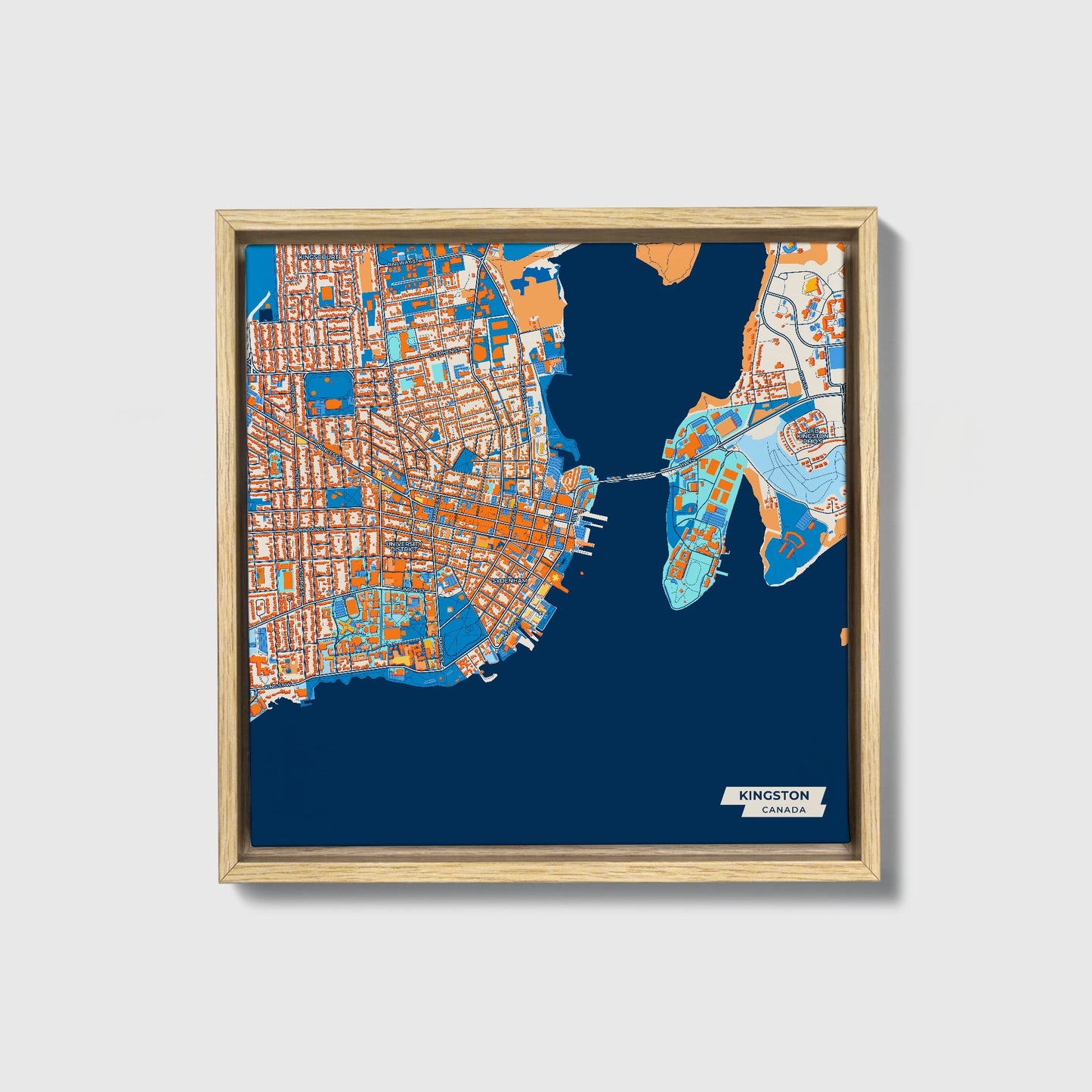 Kingston Canada Colorful City Map Canvas Print • Natural Wooden Framed