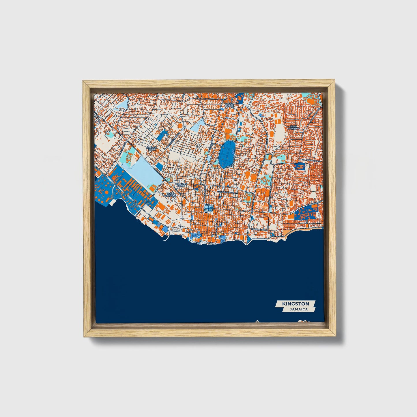 Kingston Jamaica Colorful City Map Canvas Print • Natural Wooden Framed