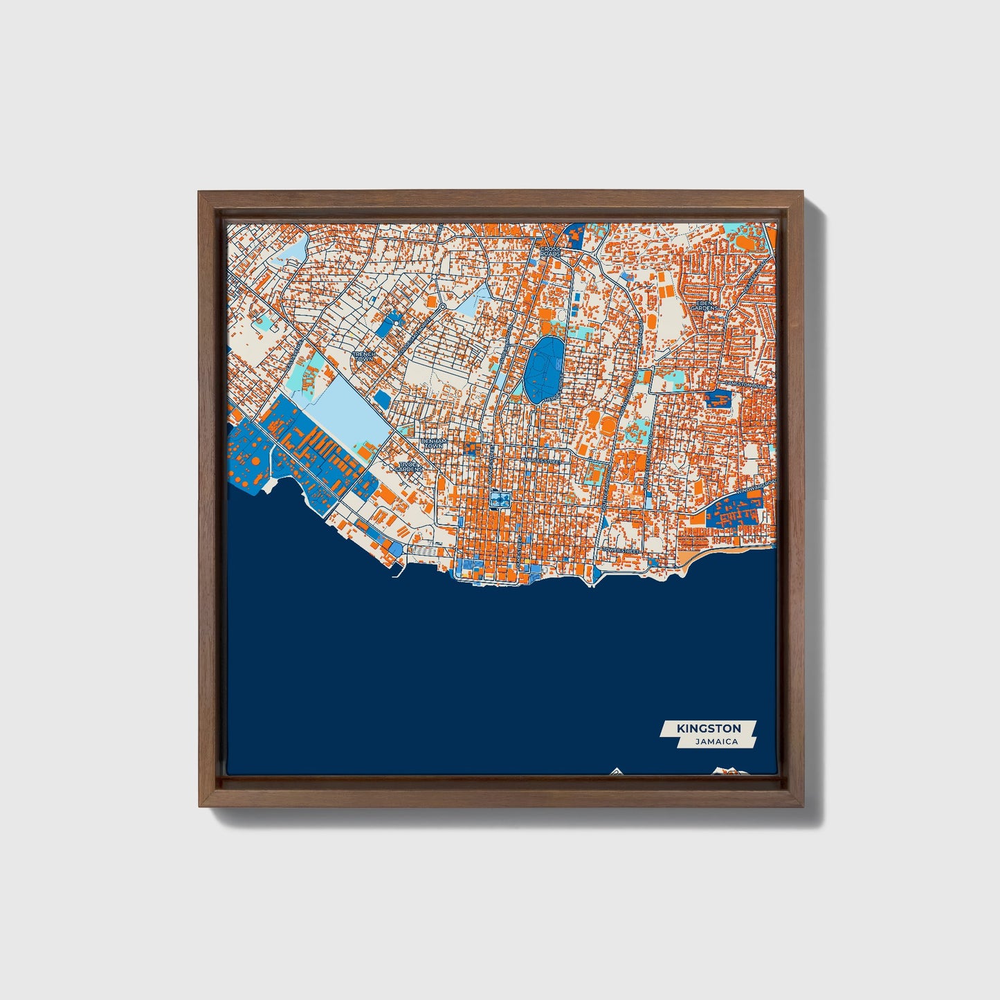 Kingston Jamaica Colorful City Map Canvas Print • Dark Wooden Framed