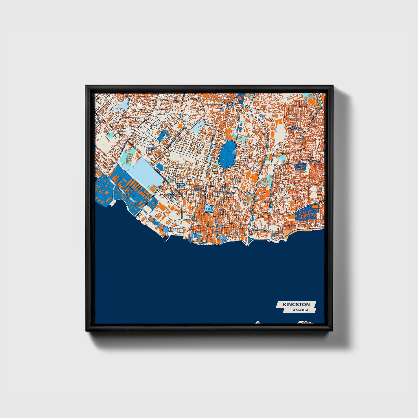 Kingston Jamaica Colorful City Map Canvas Print • Black Framed
