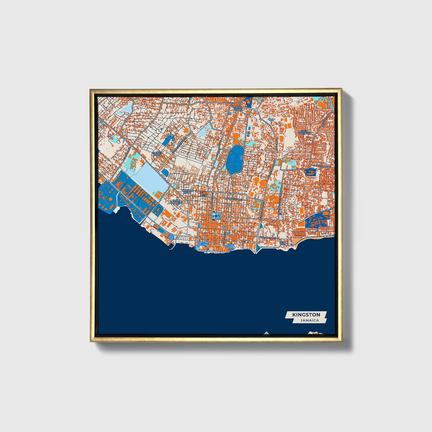 Kingston Jamaica Colorful City Map Canvas Print • Gold Framed