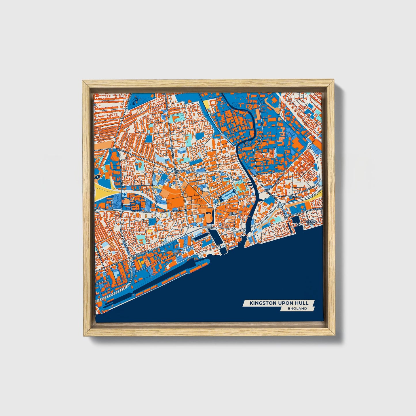 Kingston Upon Hull England Colorful City Map Canvas Print • Natural Wooden Framed