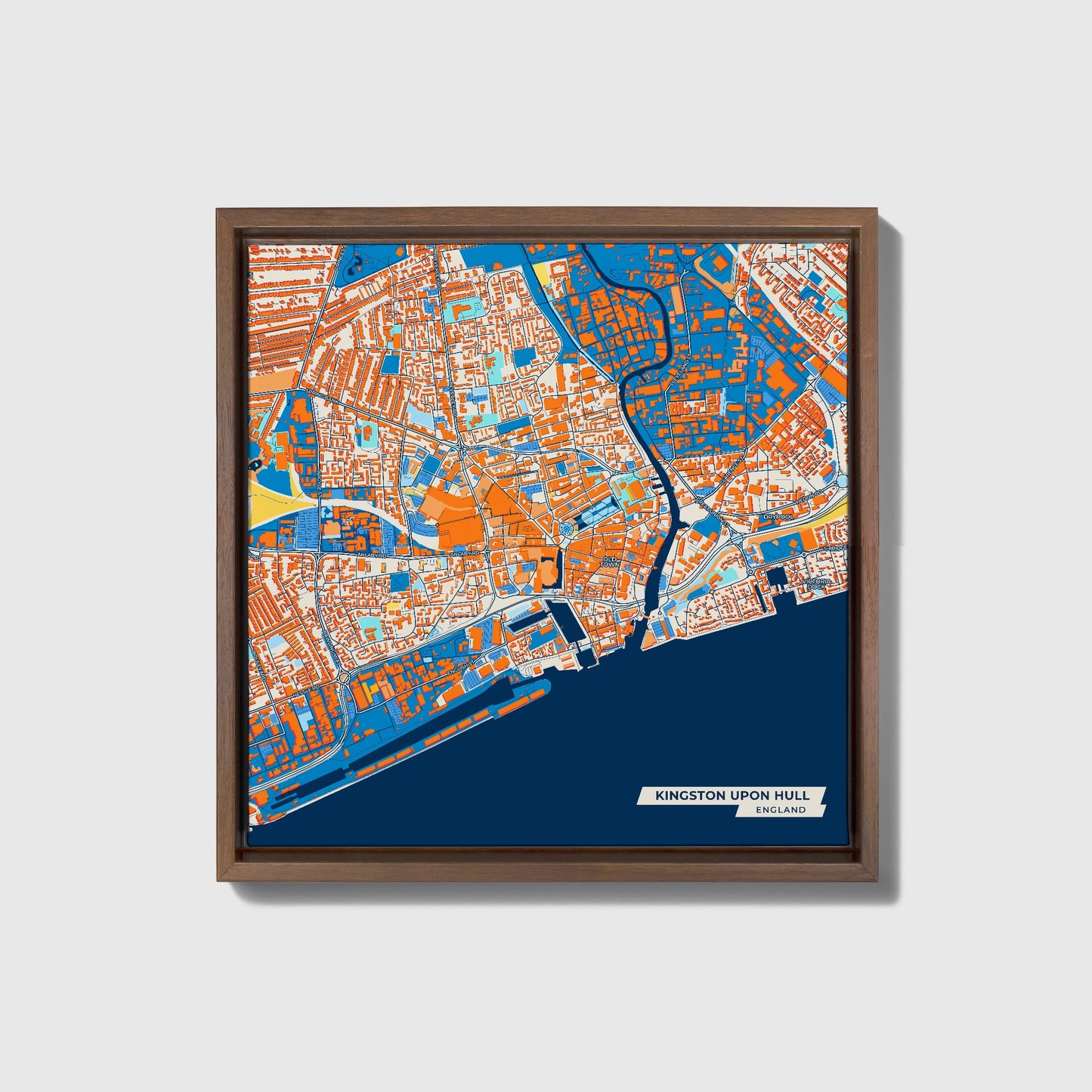Kingston Upon Hull England Colorful City Map Canvas Print • Dark Wooden Framed
