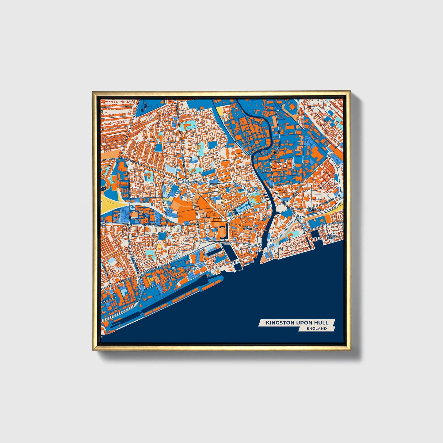 Kingston Upon Hull England Colorful City Map Canvas Print • Gold Framed
