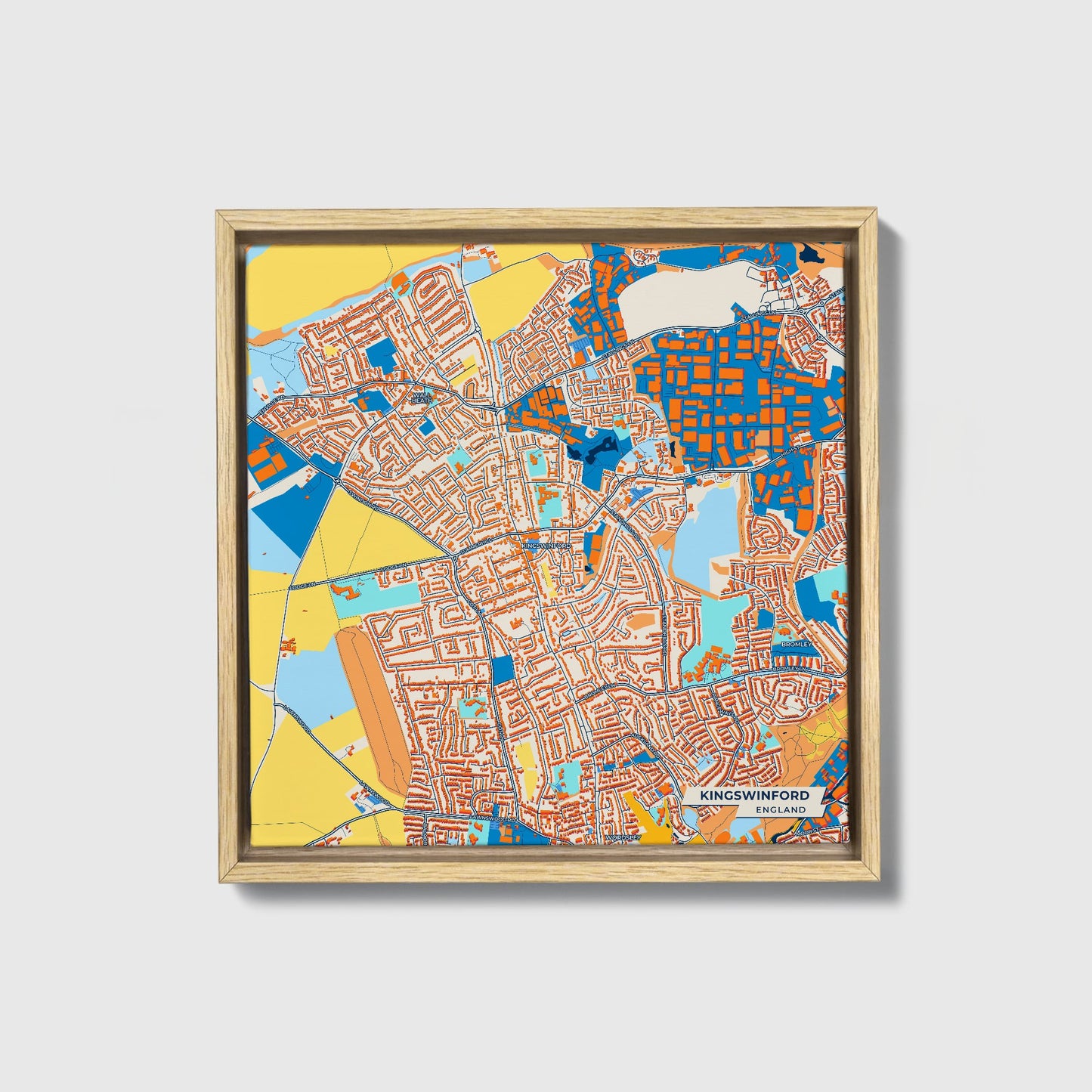 Kingswinford England Colorful City Map Canvas Print • Natural Wooden Framed
