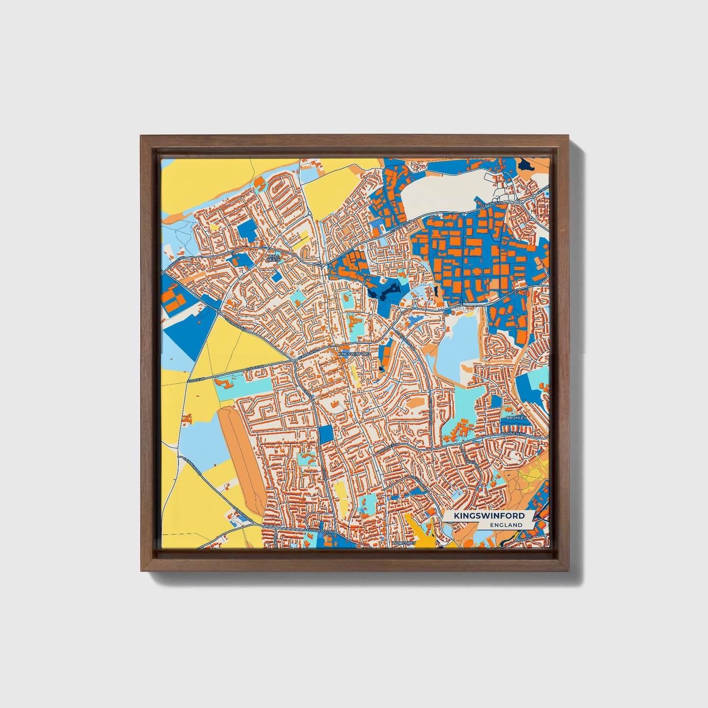Kingswinford England Colorful City Map Canvas Print • Dark Wooden Framed