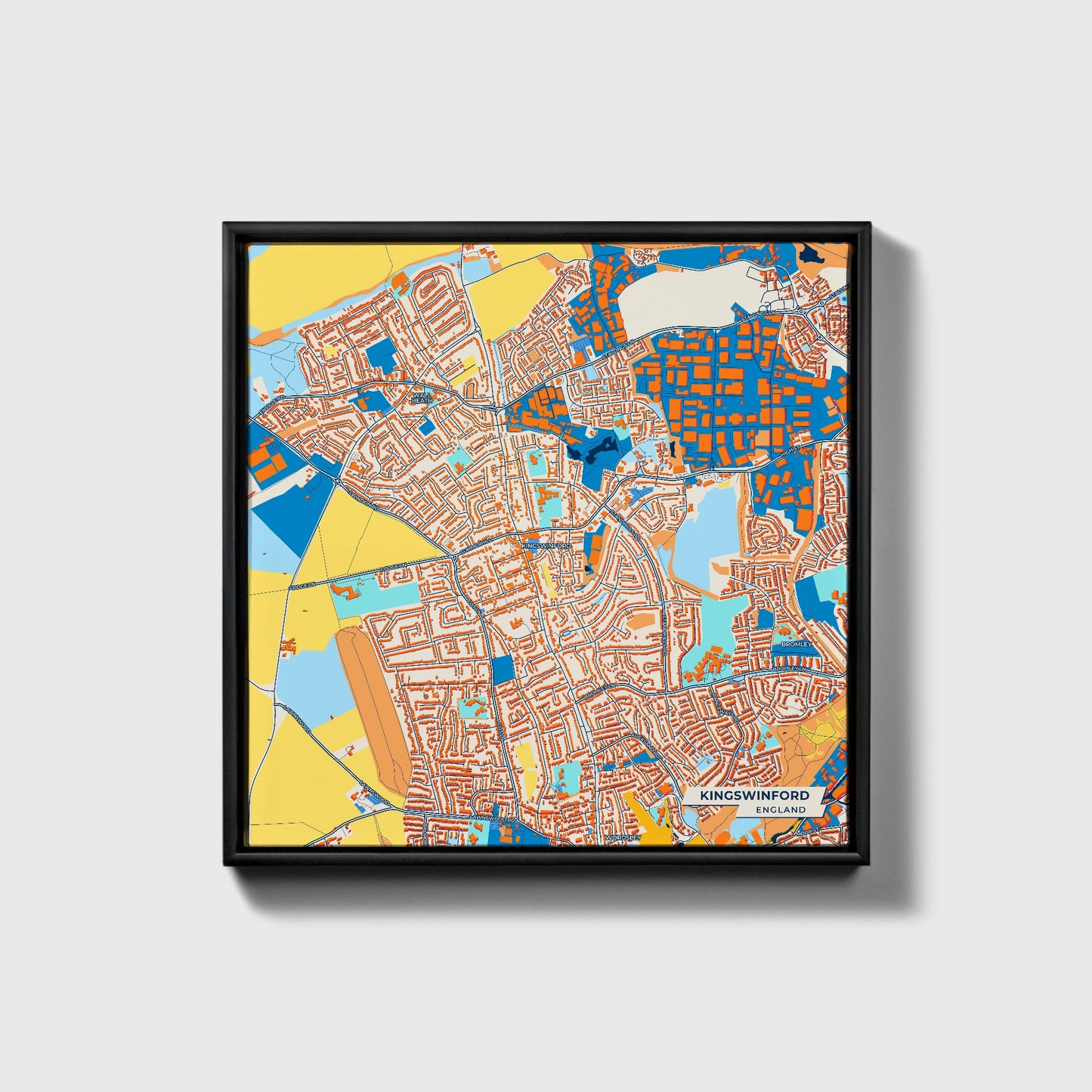 Kingswinford England Colorful City Map Canvas Print • Black Framed