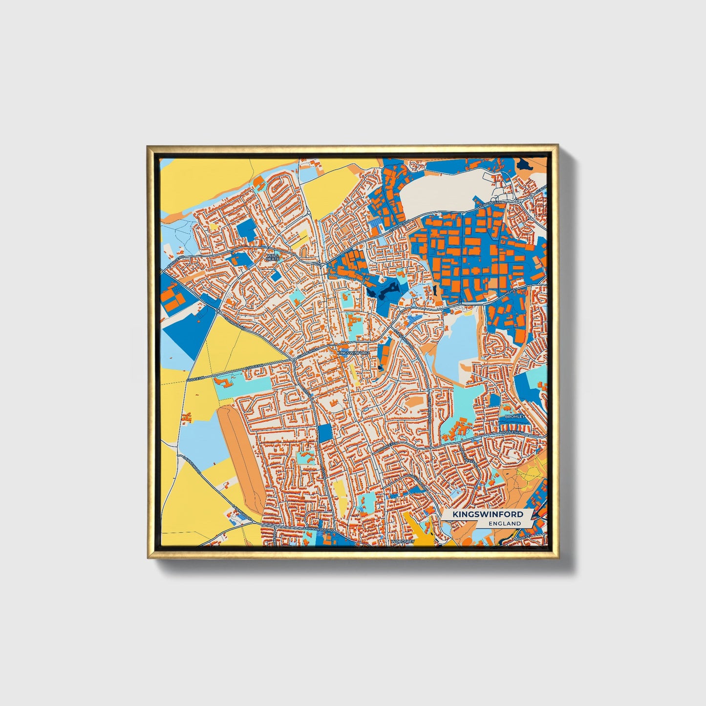 Kingswinford England Colorful City Map Canvas Print • Gold Framed