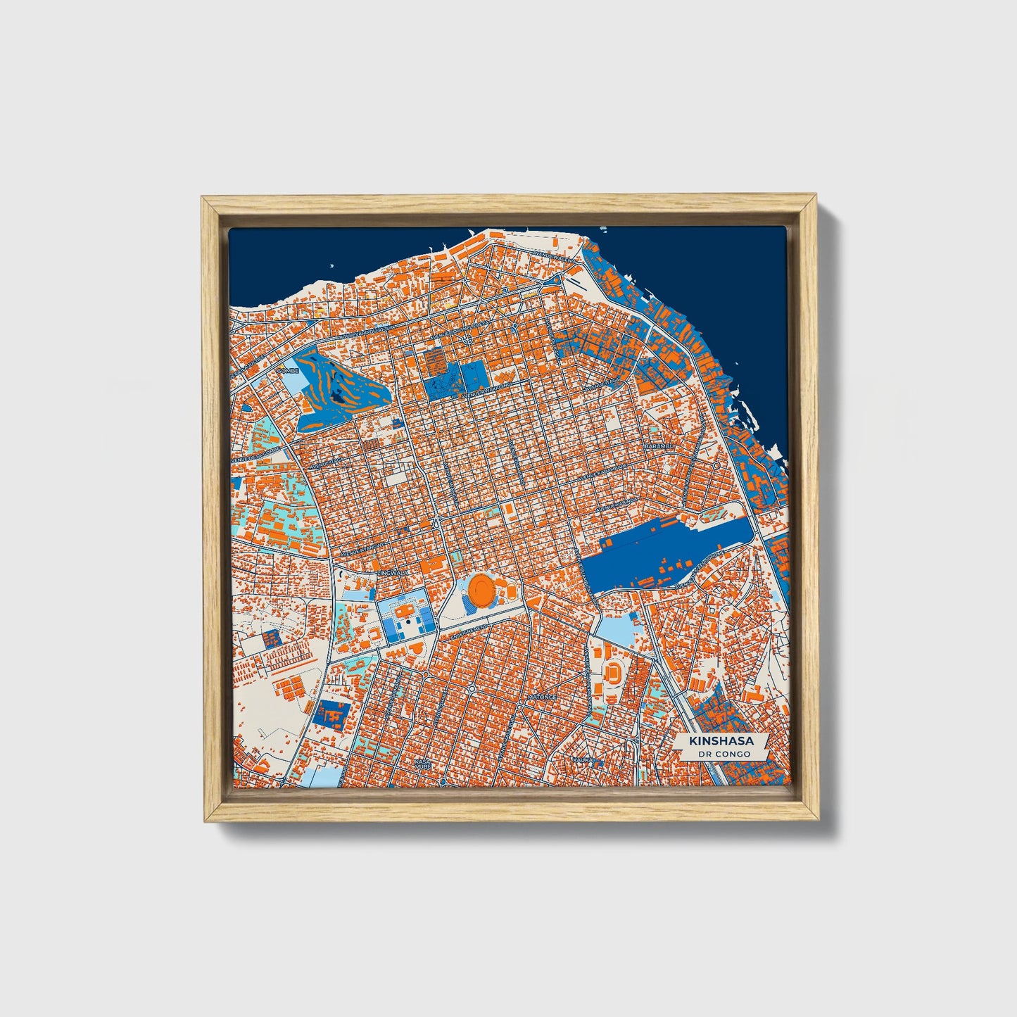 Kinshasa Dr Congo Colorful City Map Canvas Print • Natural Wooden Framed