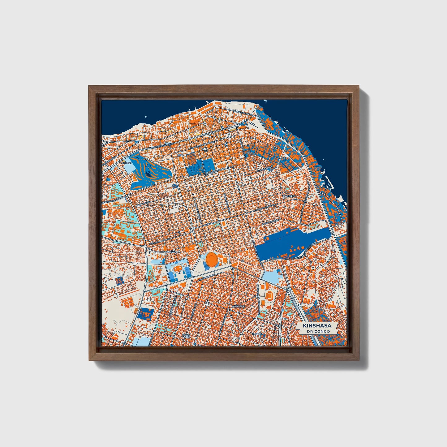 Kinshasa Dr Congo Colorful City Map Canvas Print • Dark Wooden Framed