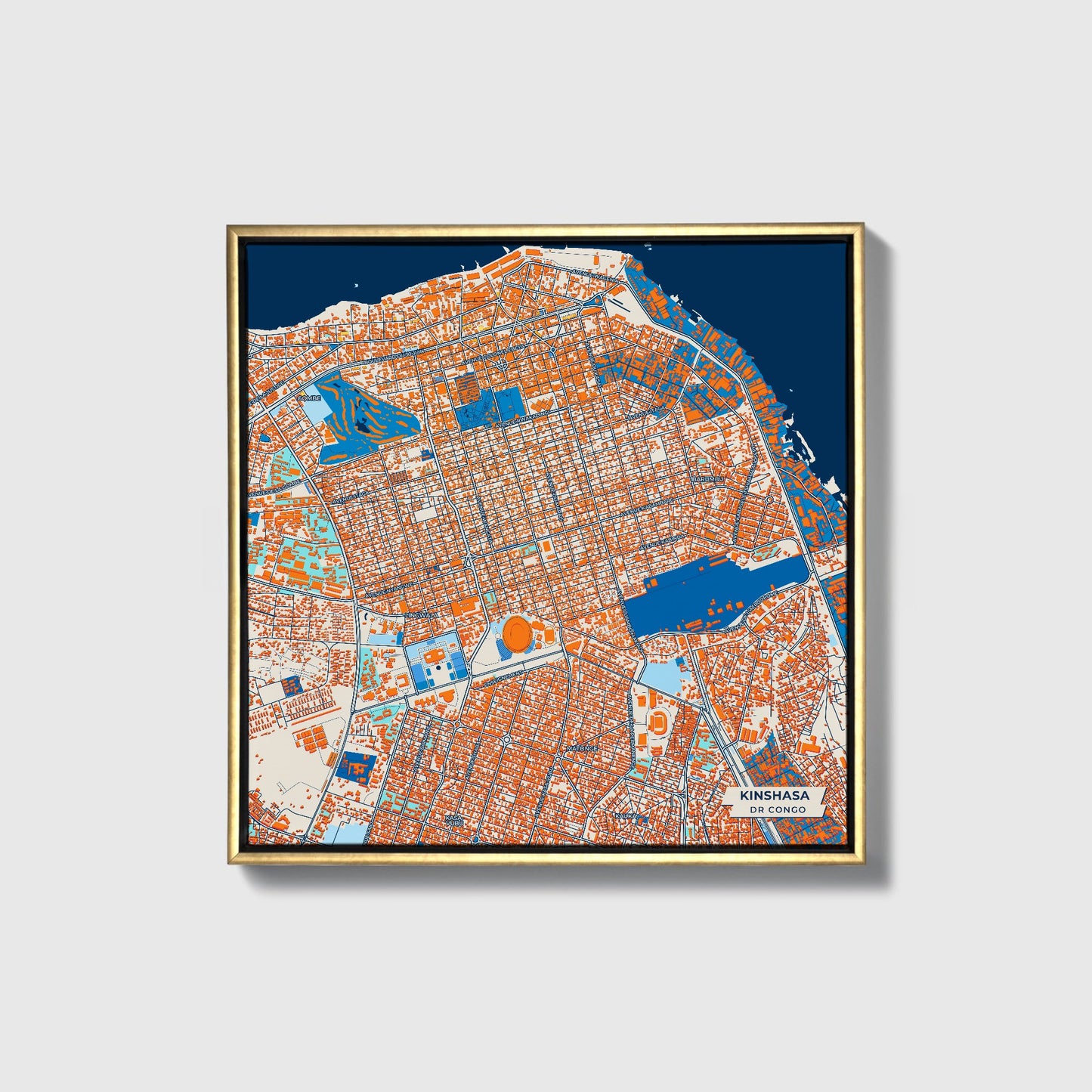 Kinshasa Dr Congo Colorful City Map Canvas Print • Gold Framed