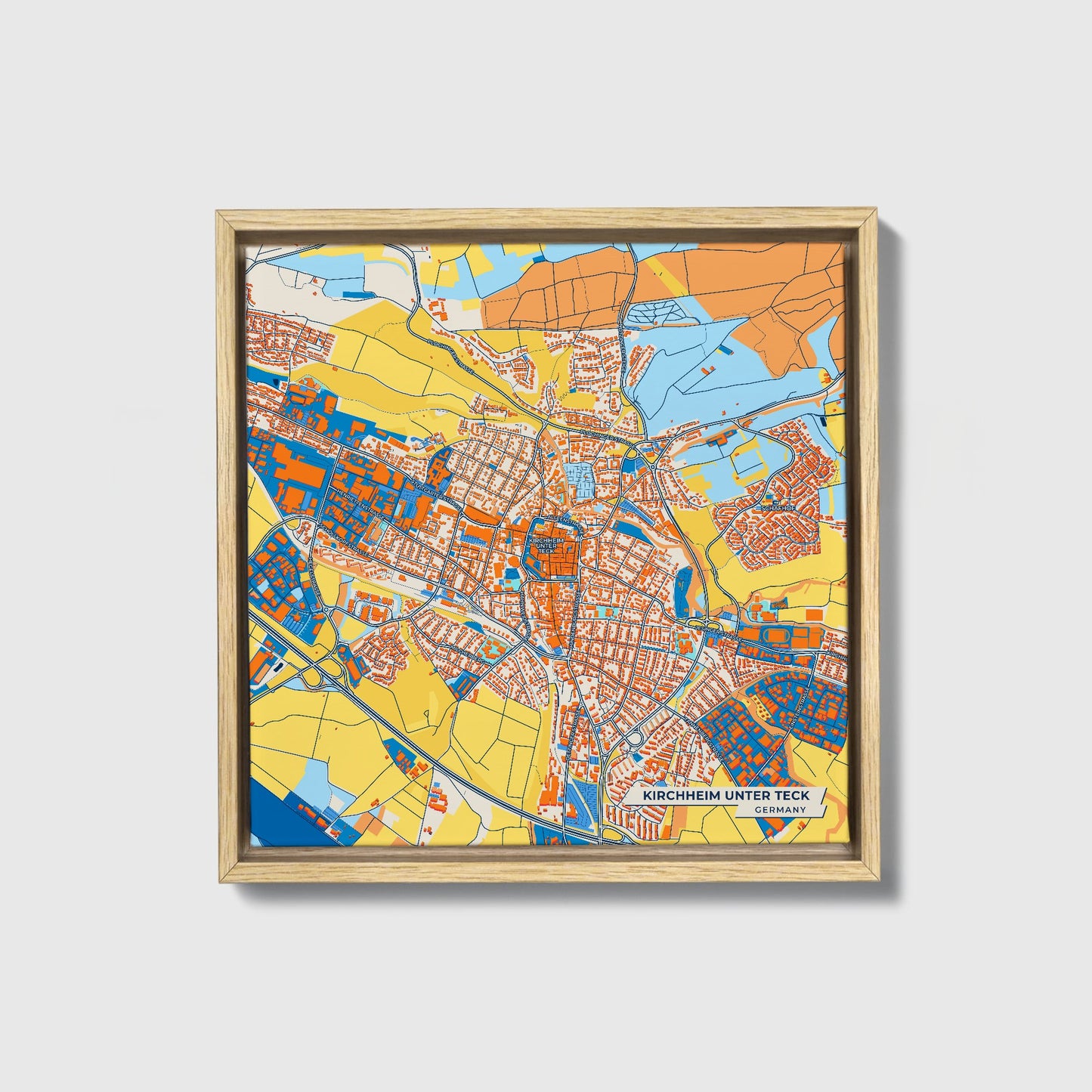 Kirchheim Unter Teck Germany Colorful City Map Canvas Print • Natural Wooden Framed