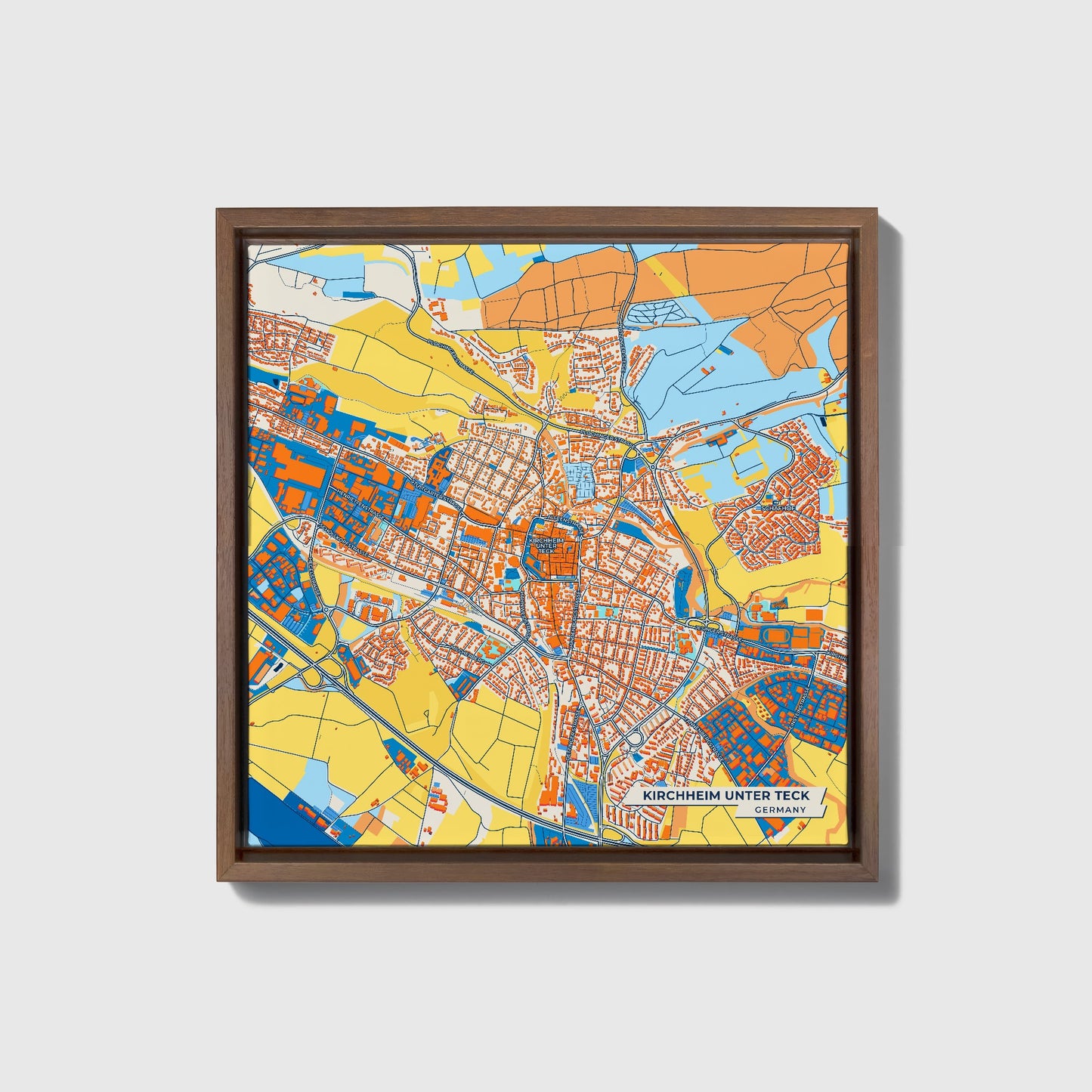 Kirchheim Unter Teck Germany Colorful City Map Canvas Print • Dark Wooden Framed