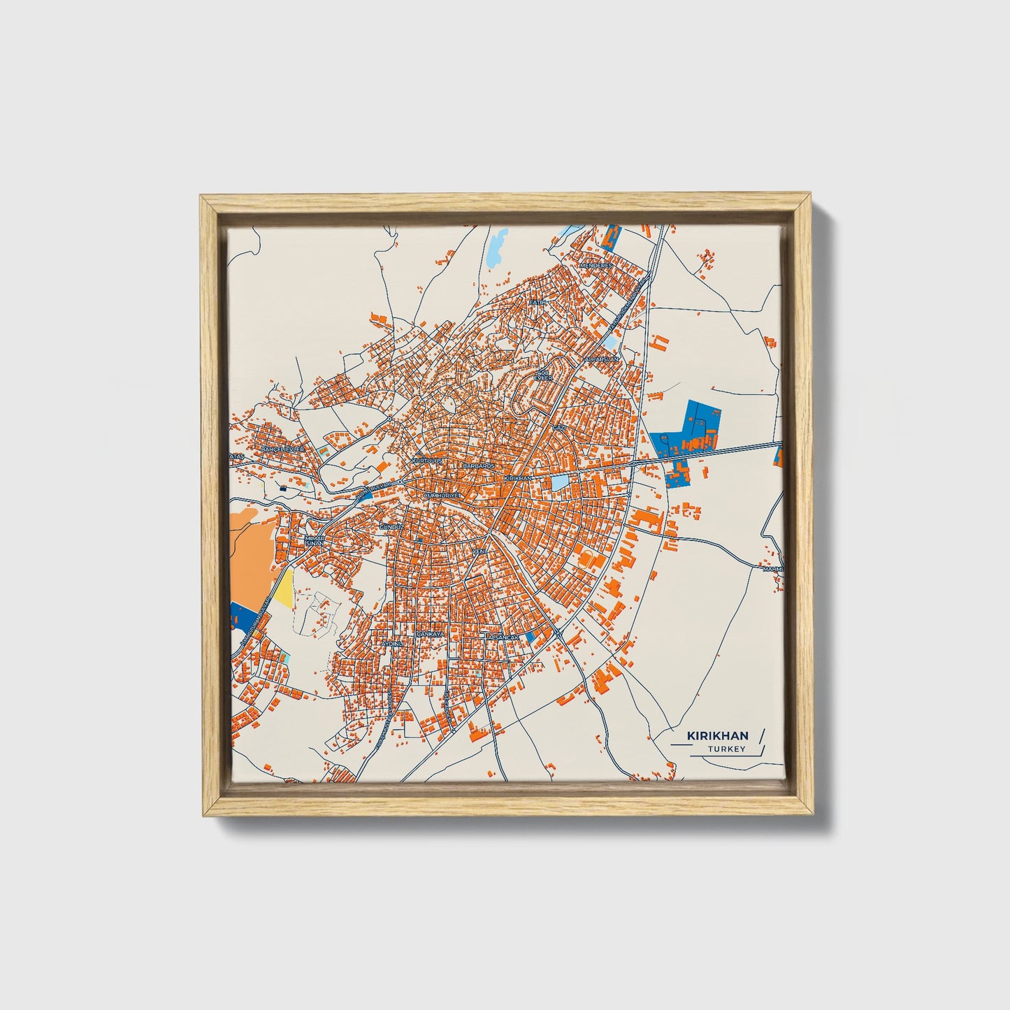 Kirikhan Turkey Colorful City Map Canvas Print • Natural Wooden Framed