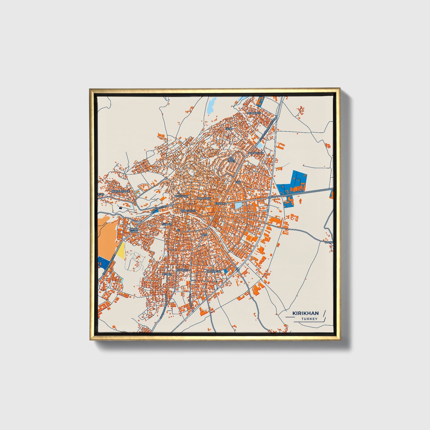 Kirikhan Turkey Colorful City Map Canvas Print • Gold Framed