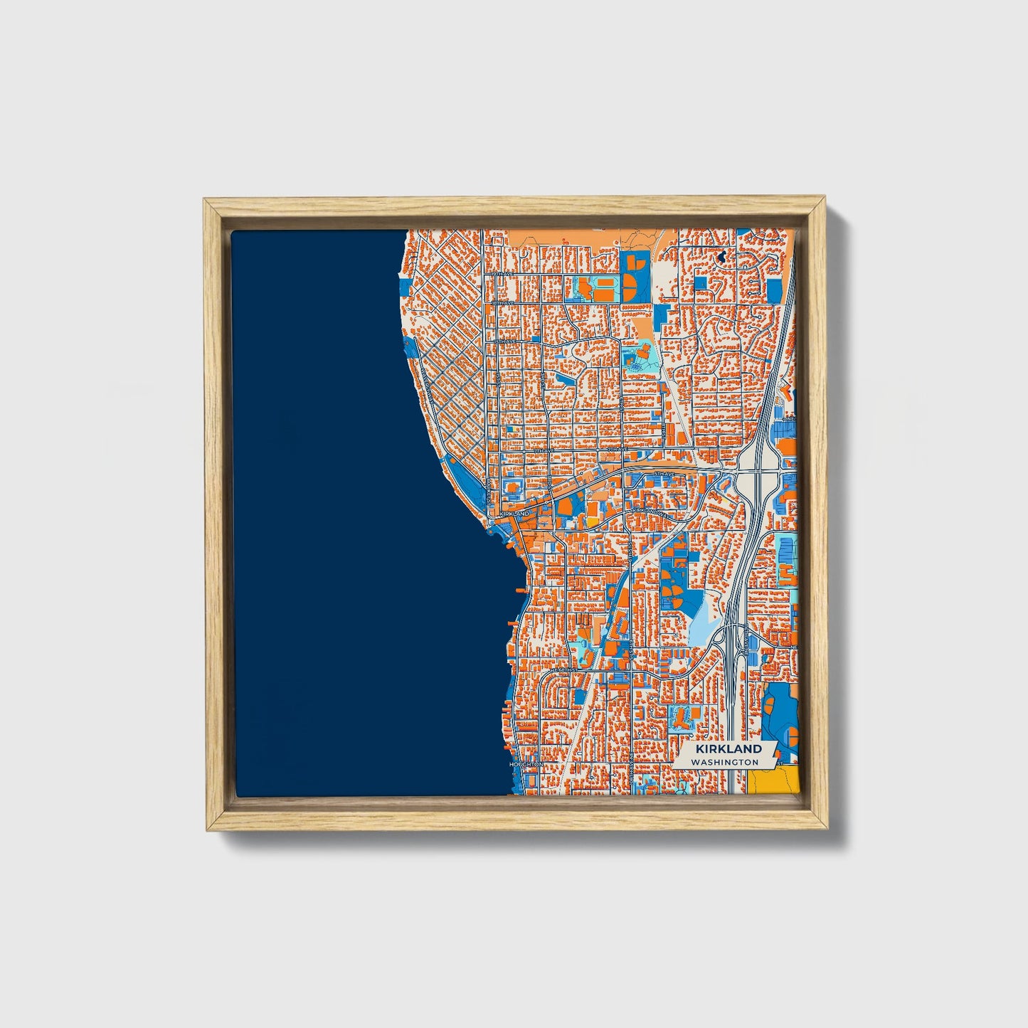 Kirkland Washington Colorful City Map Canvas Print • Natural Wooden Framed