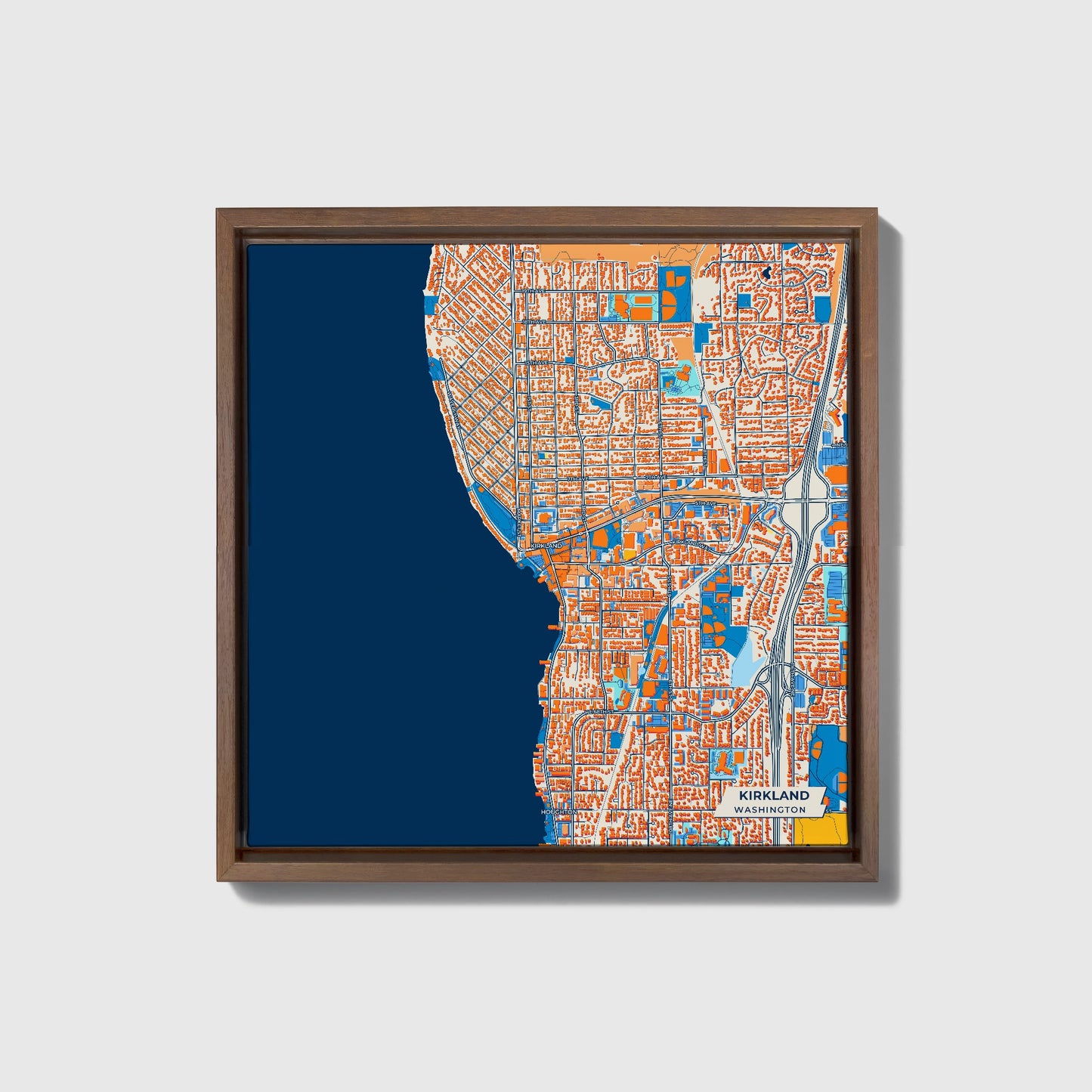 Kirkland Washington Colorful City Map Canvas Print • Dark Wooden Framed