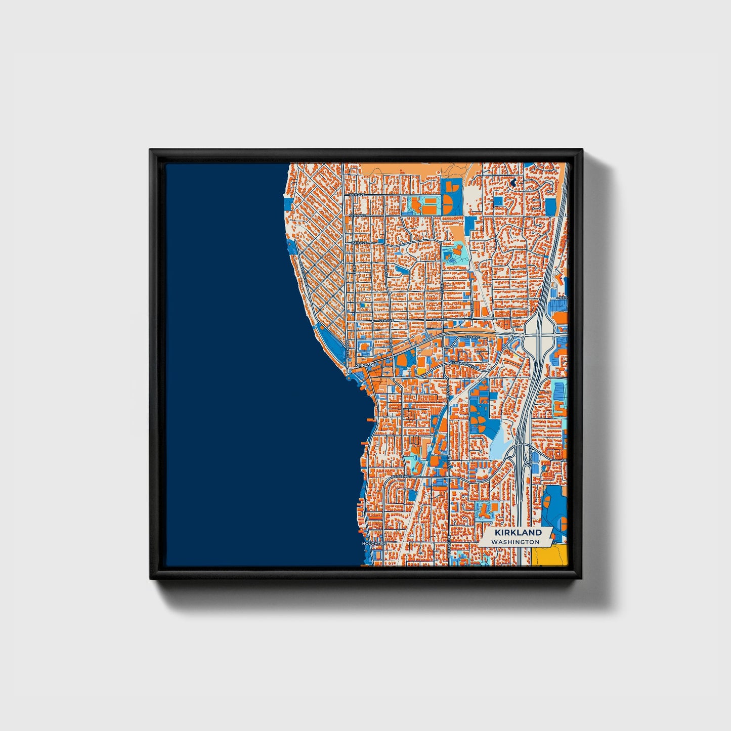 Kirkland Washington Colorful City Map Canvas Print • Black Framed