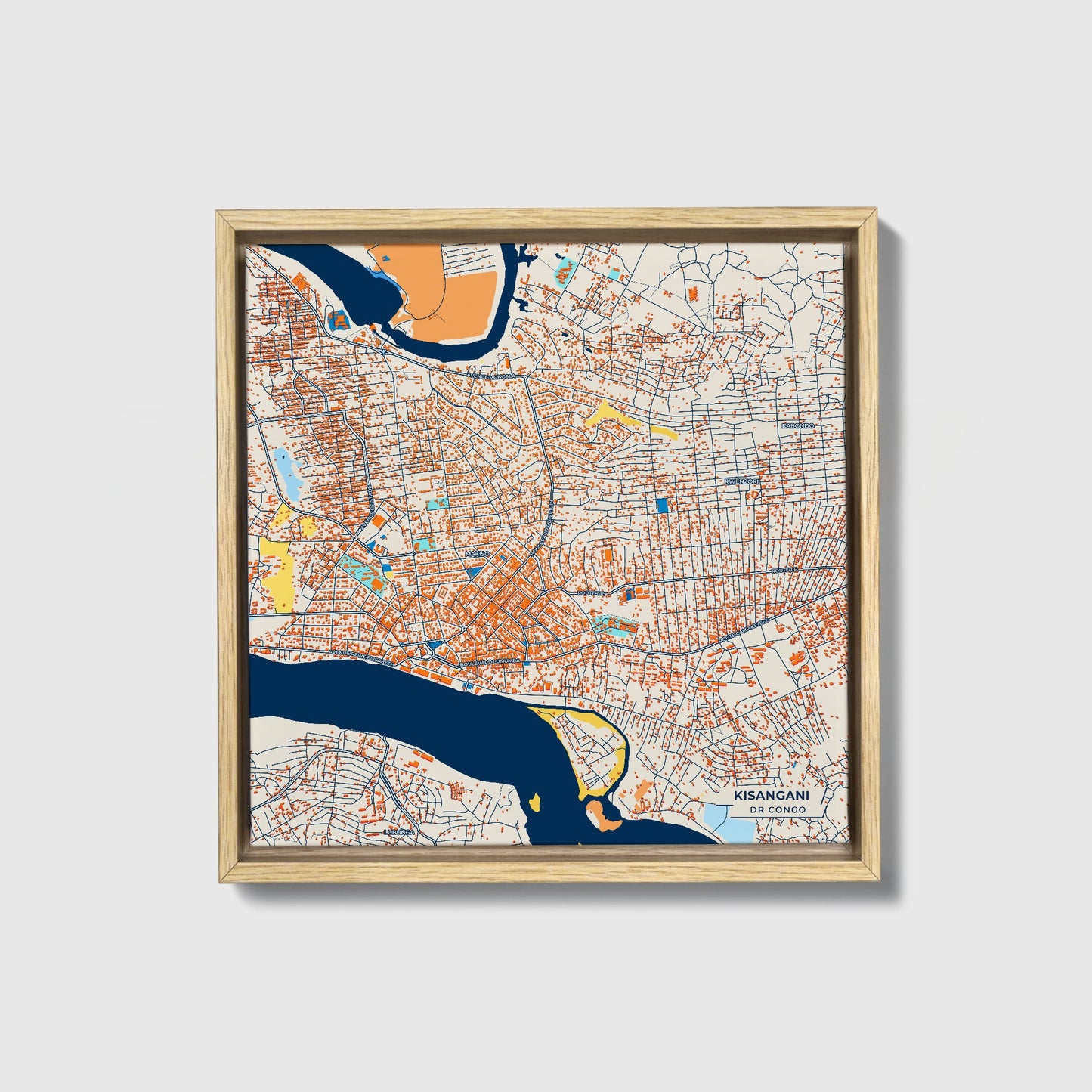 Kisangani Dr Congo Colorful City Map Canvas Print • Natural Wooden Framed