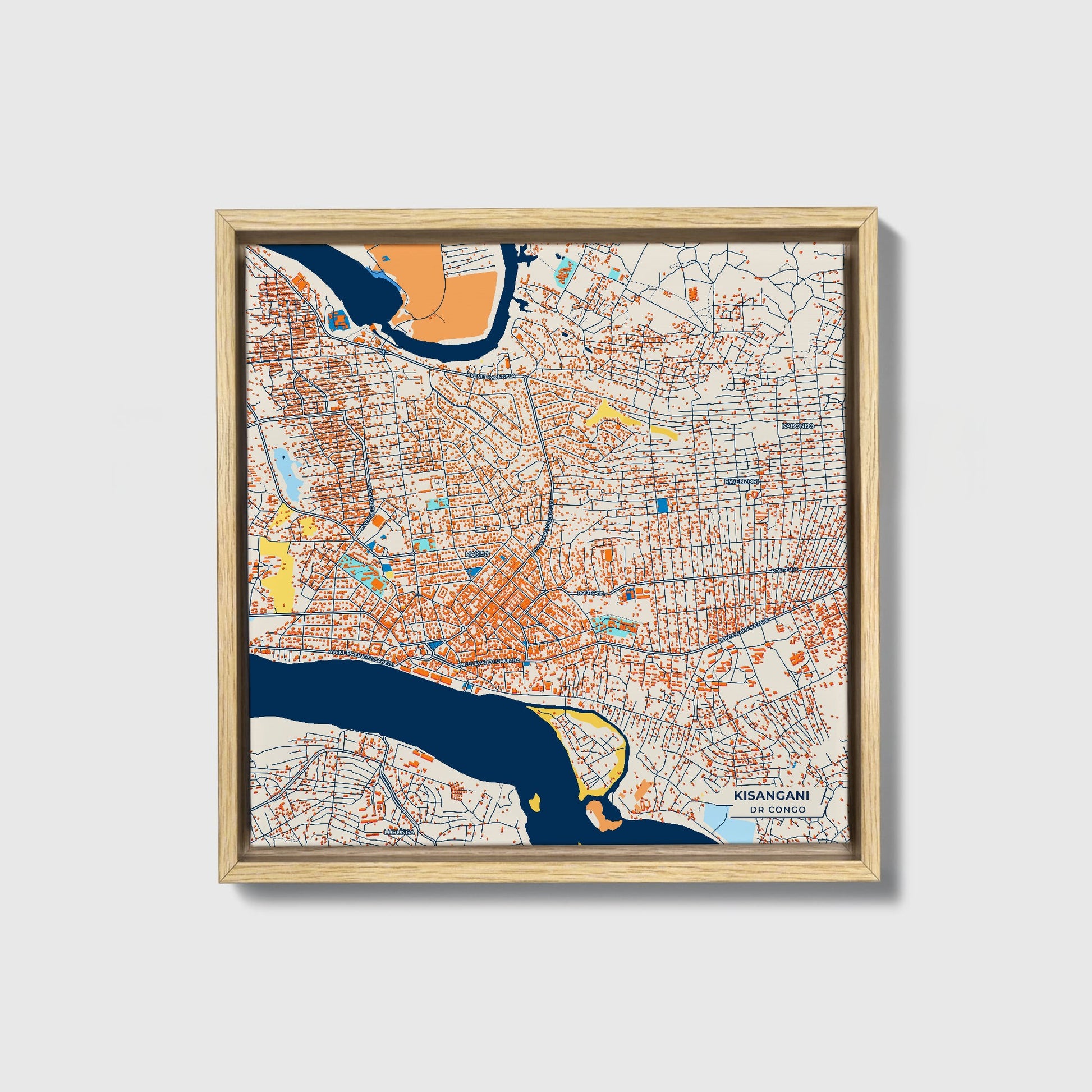 Kisangani Dr Congo Colorful City Map Canvas Print • Natural Wooden Framed