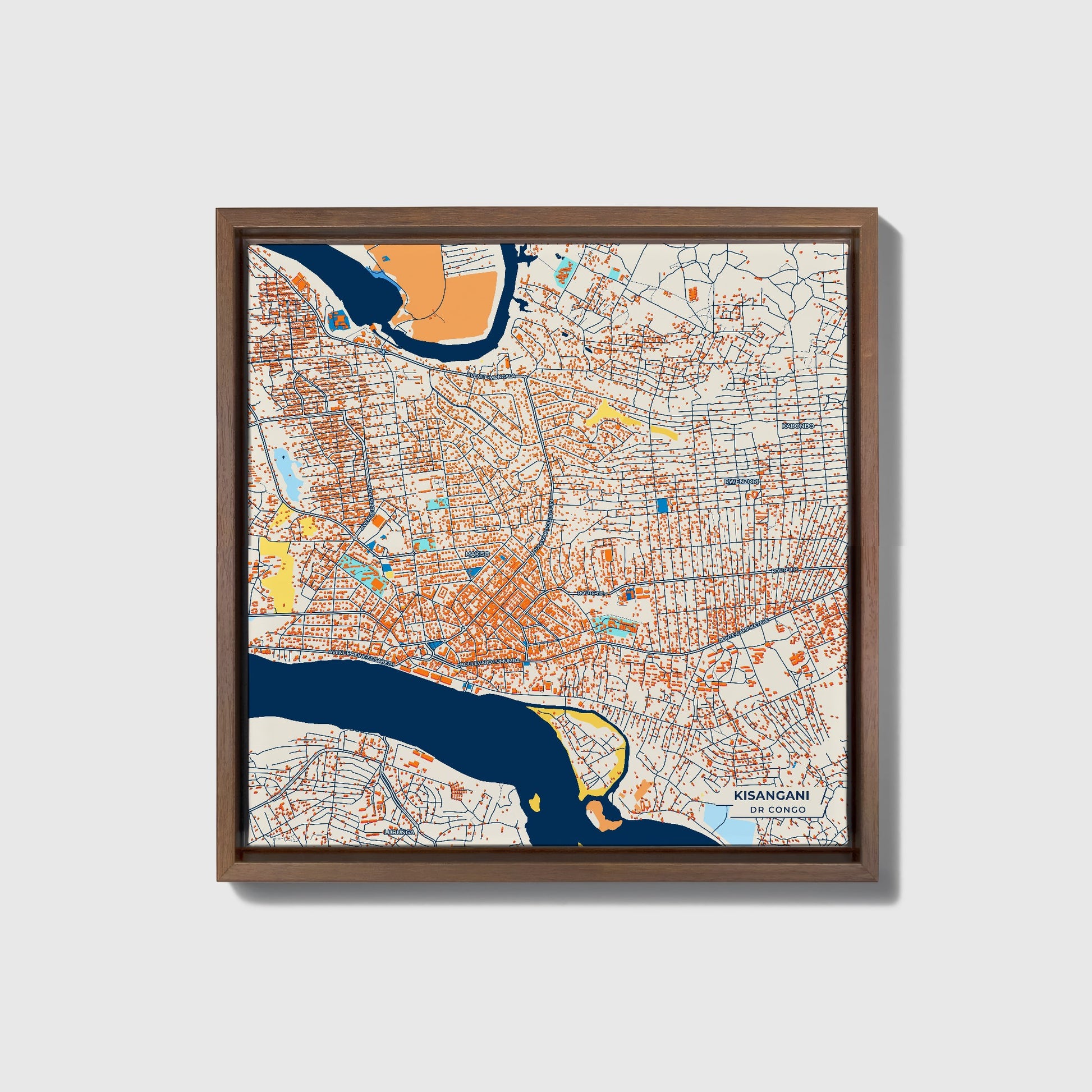 Kisangani Dr Congo Colorful City Map Canvas Print • Dark Wooden Framed