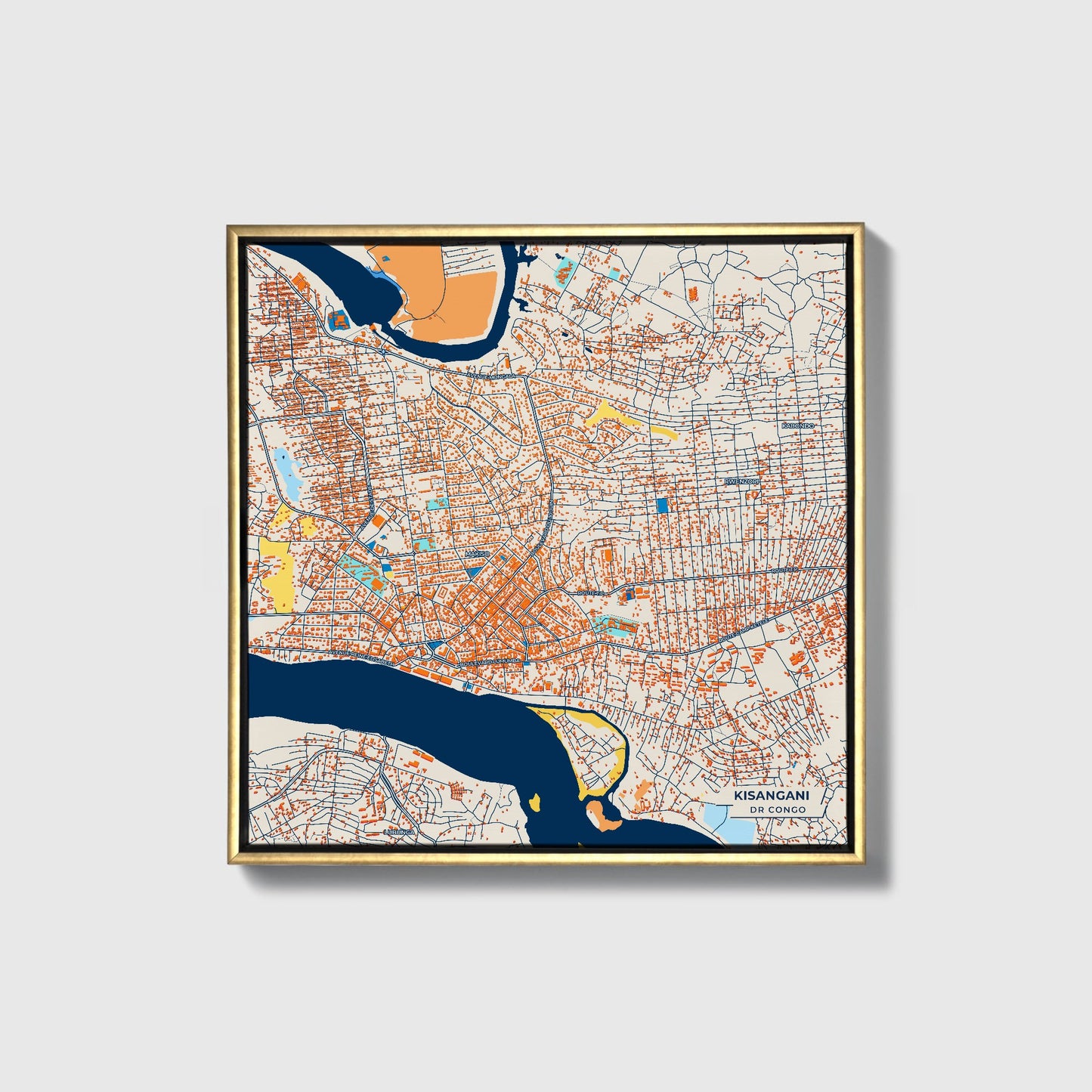 Kisangani Dr Congo Colorful City Map Canvas Print • Gold Framed