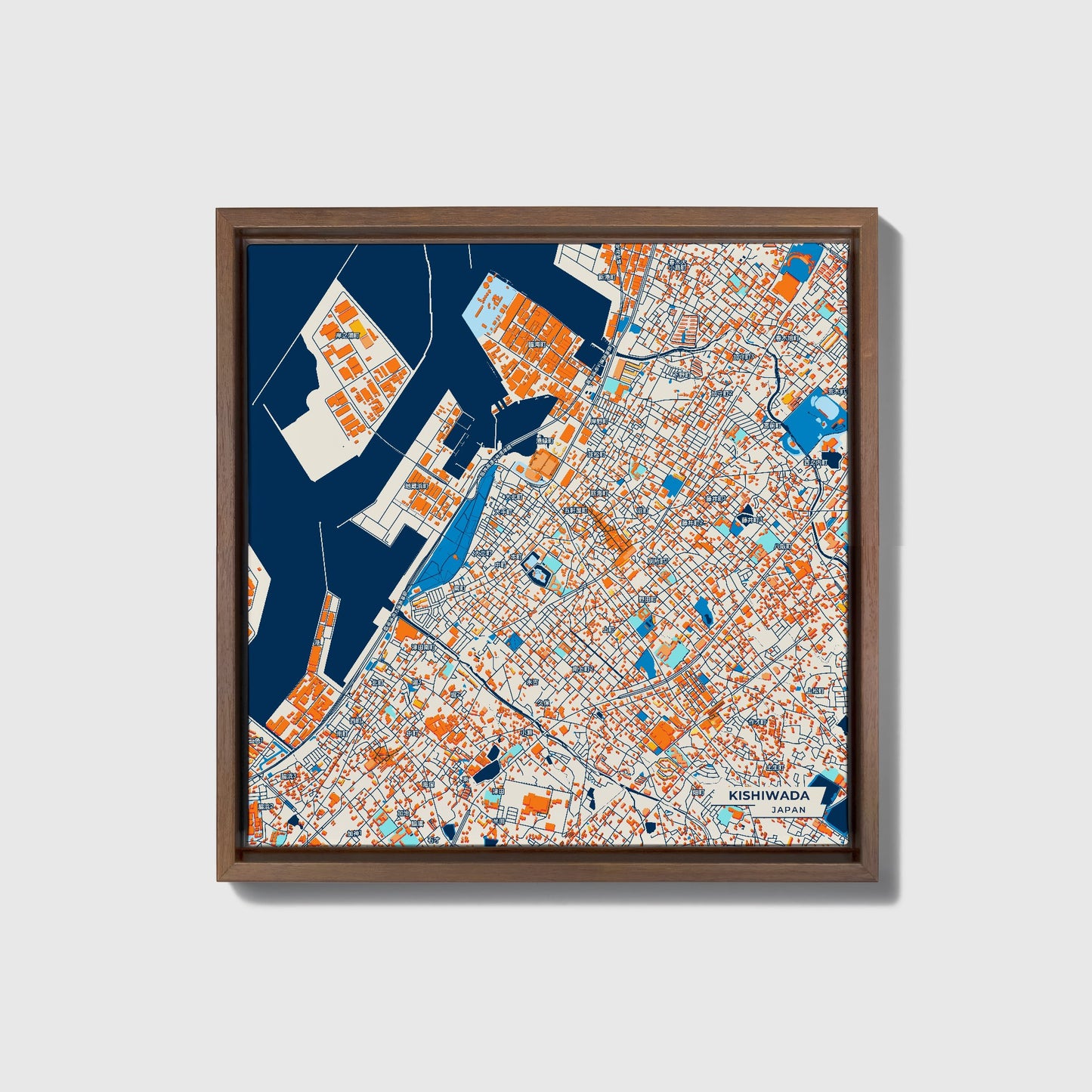 Kishiwada Japan Colorful City Map Canvas Print • Dark Wooden Framed