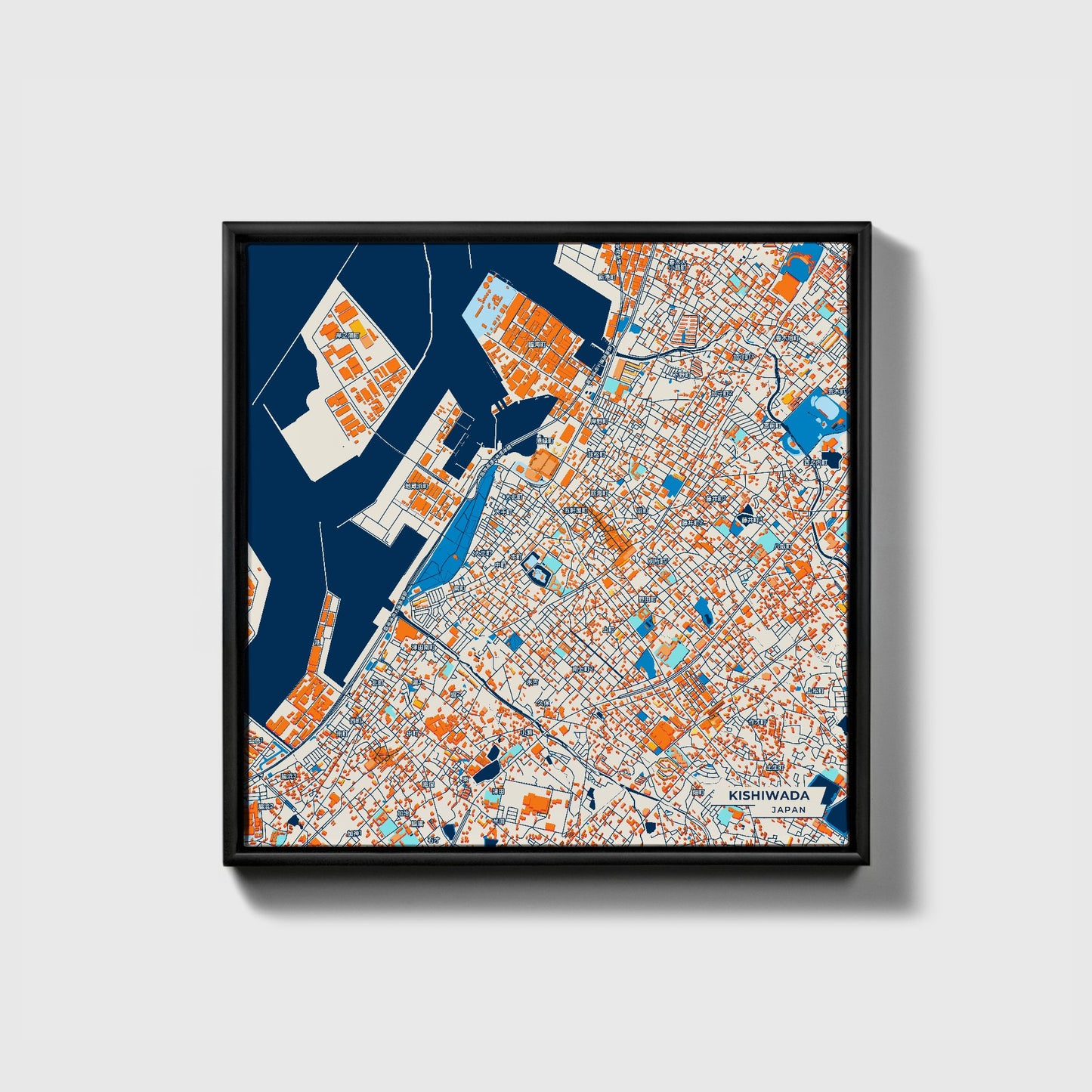 Kishiwada Japan Colorful City Map Canvas Print • Black Framed