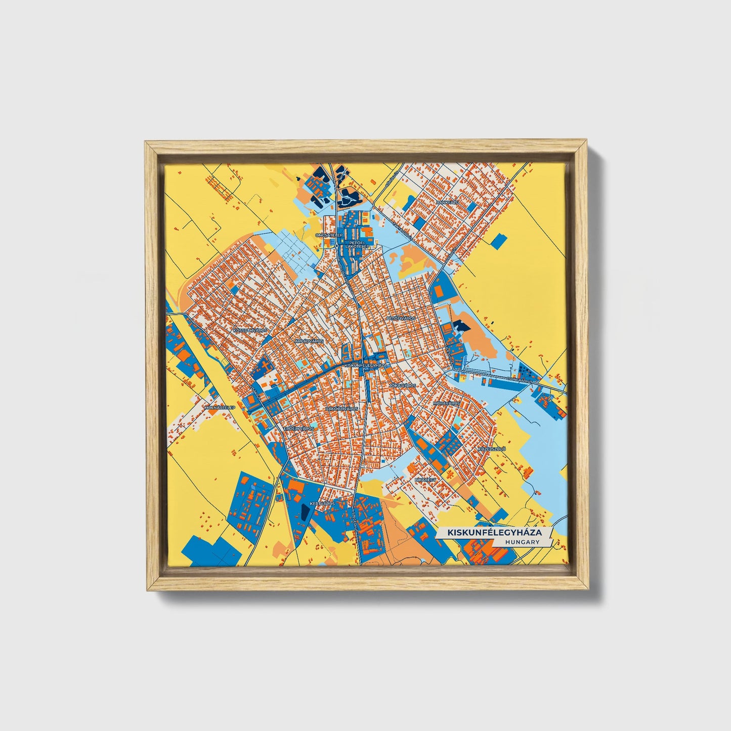 Kiskunfélegyháza Hungary Colorful City Map Canvas Print • Natural Wooden Framed