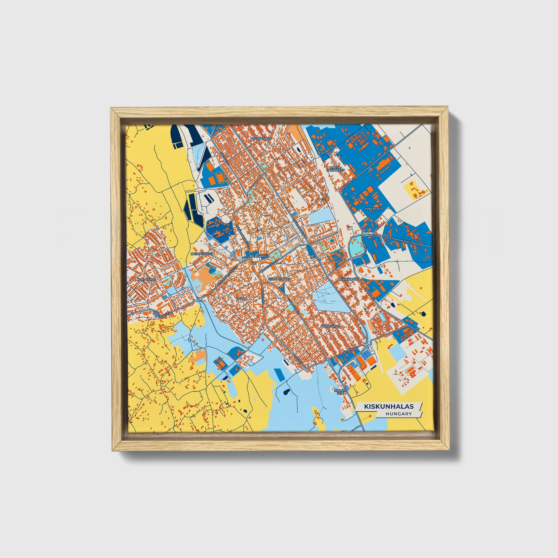 Kiskunhalas Hungary Colorful City Map Canvas Print • Natural Wooden Framed