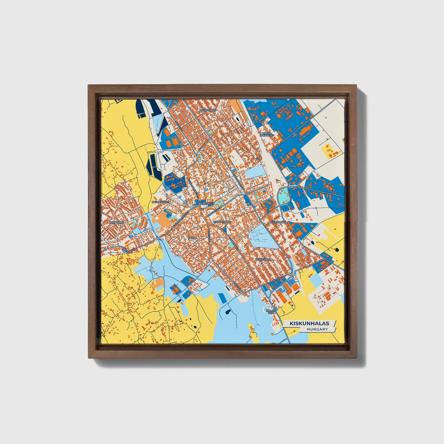 Kiskunhalas Hungary Colorful City Map Canvas Print • Dark Wooden Framed