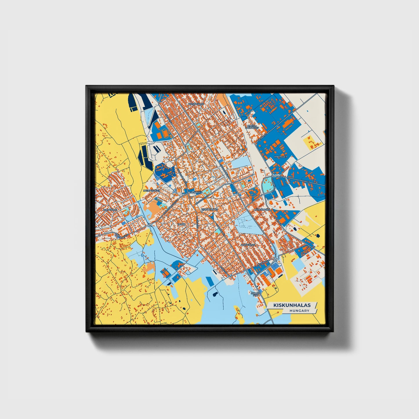 Kiskunhalas Hungary Colorful City Map Canvas Print • Black Framed