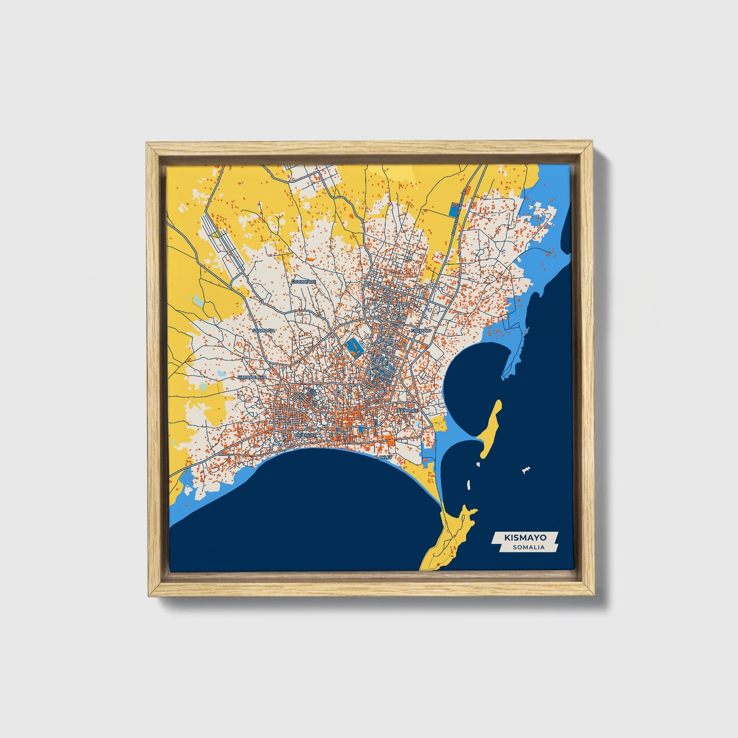 Kismayo Somalia Colorful City Map Canvas Print • Natural Wooden Framed