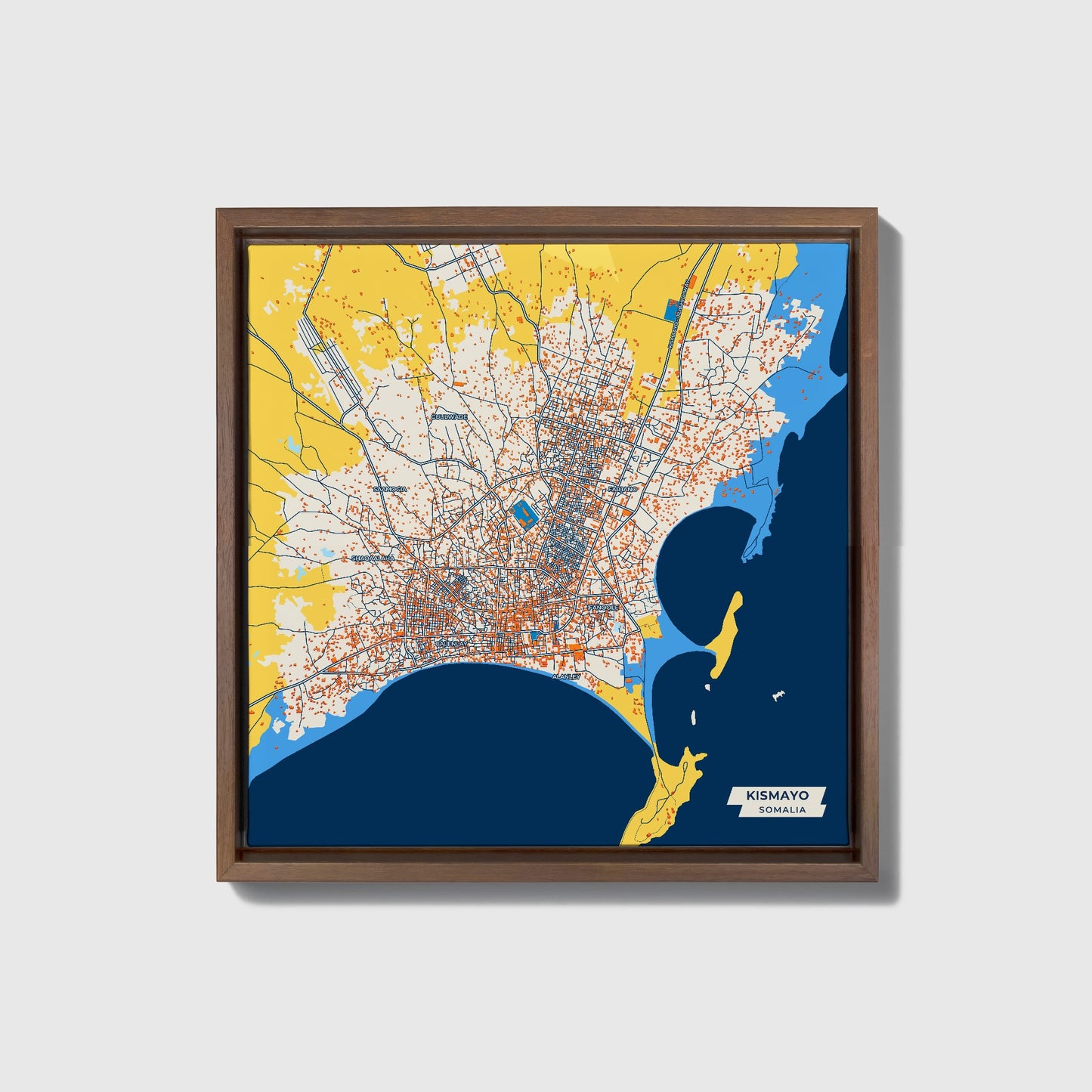 Kismayo Somalia Colorful City Map Canvas Print • Dark Wooden Framed