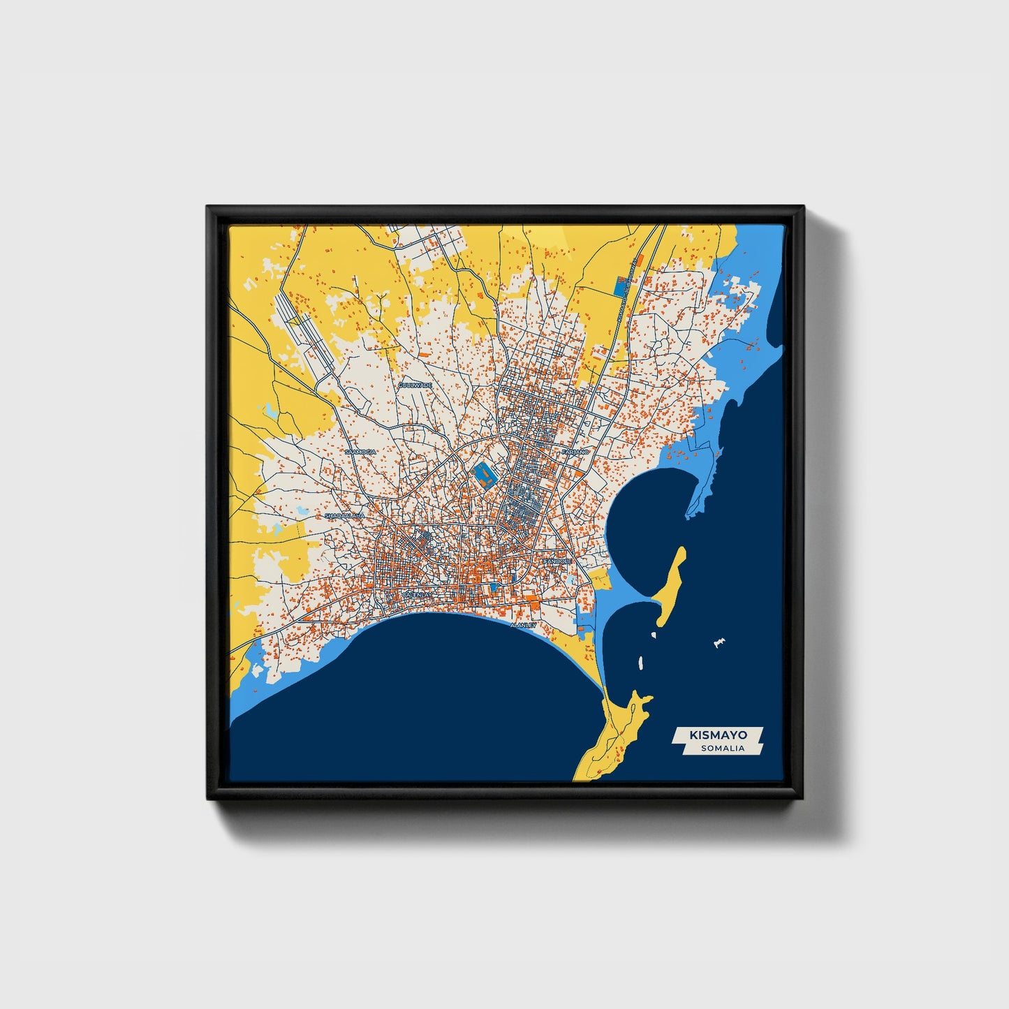 Kismayo Somalia Colorful City Map Canvas Print • Black Framed