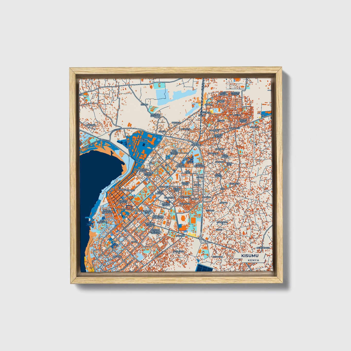 Kisumu Kenya Colorful City Map Canvas Print • Natural Wooden Framed