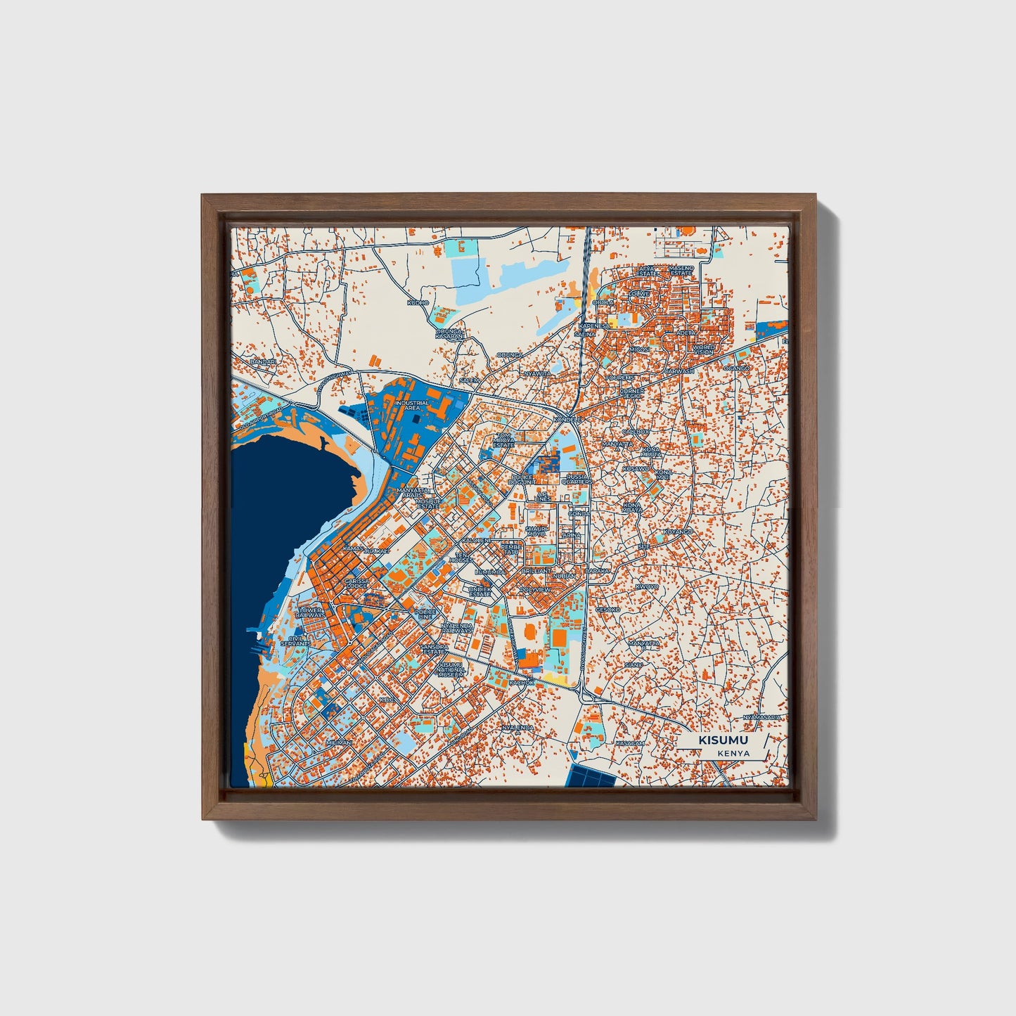 Kisumu Kenya Colorful City Map Canvas Print • Dark Wooden Framed
