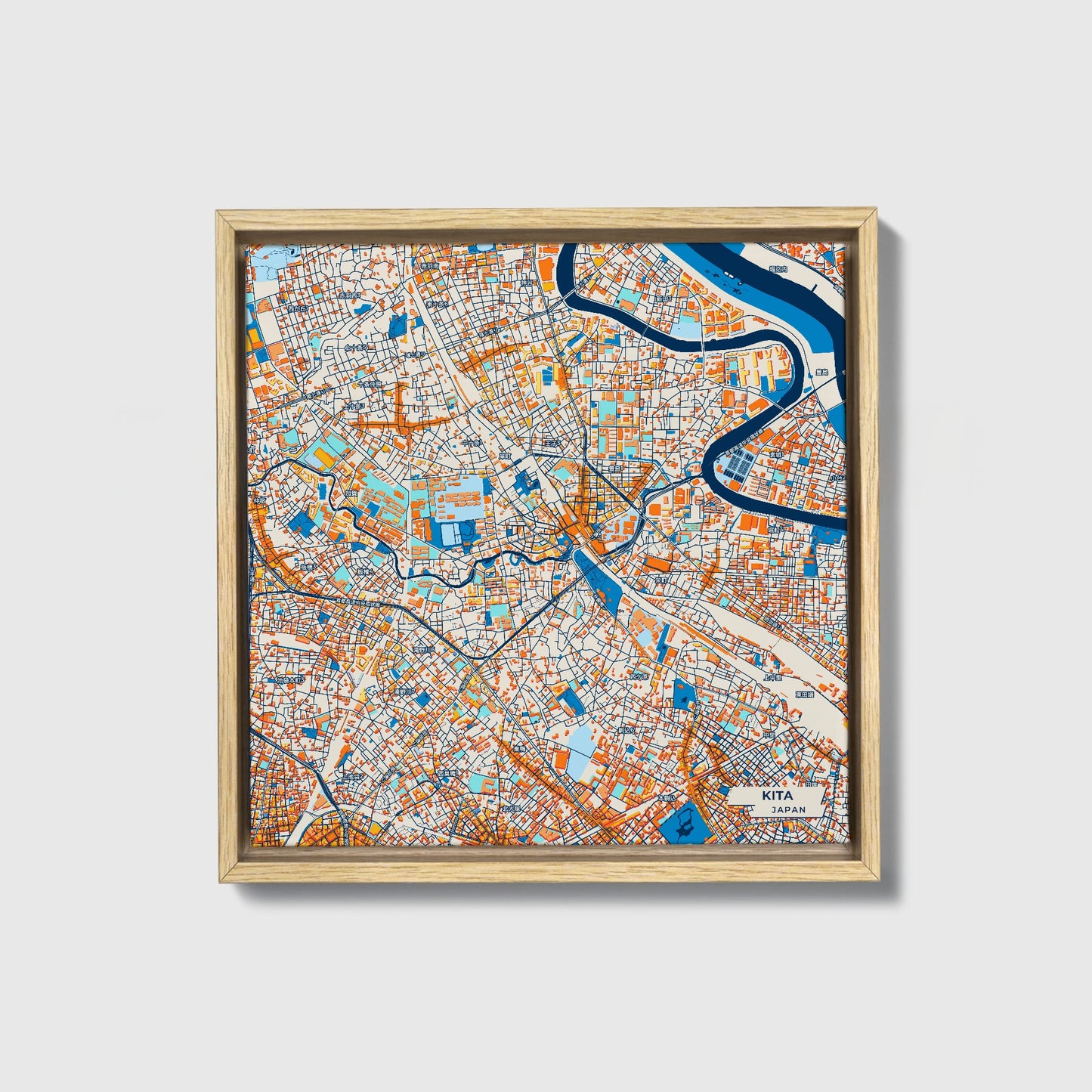 Kita Japan Colorful City Map Canvas Print • Natural Wooden Framed