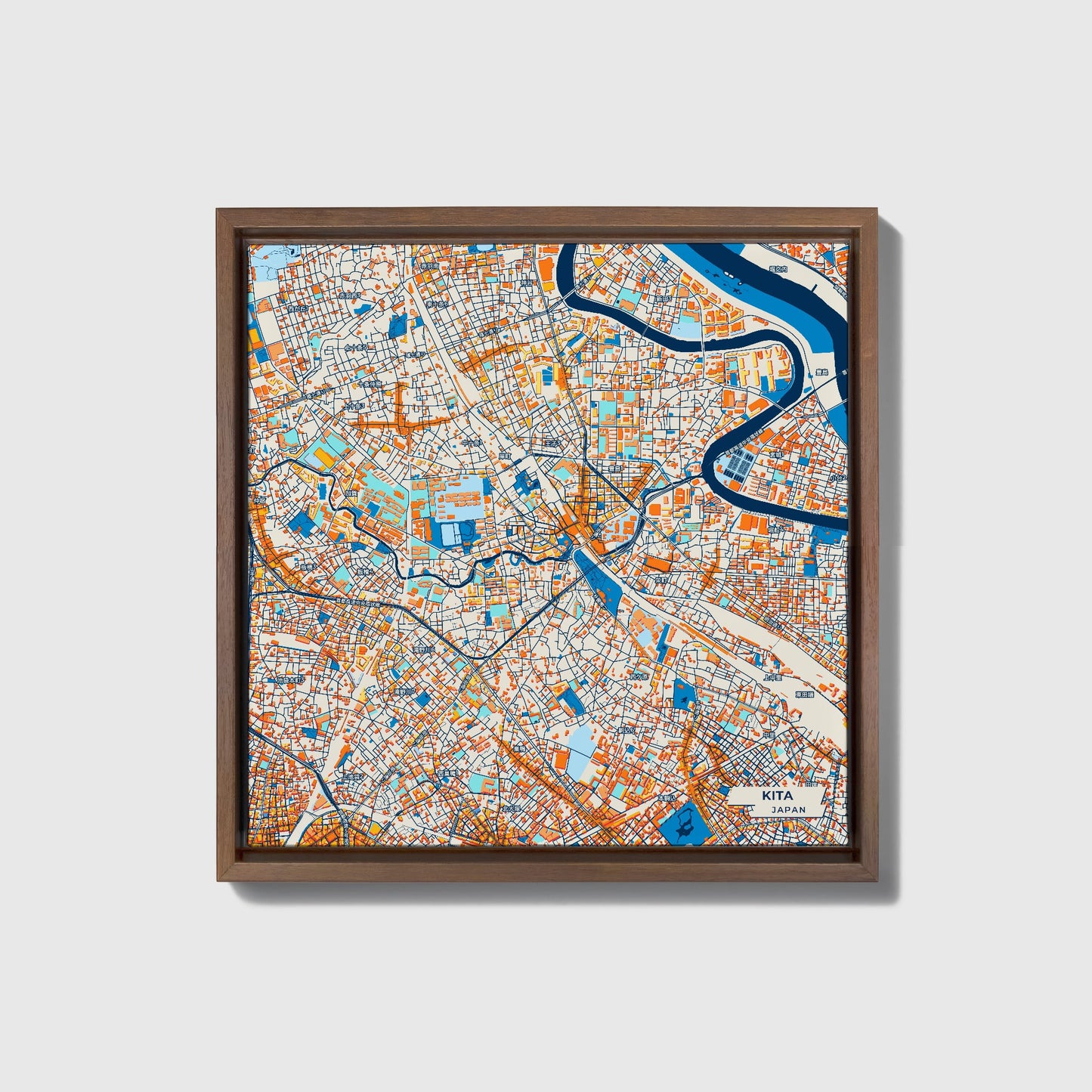 Kita Japan Colorful City Map Canvas Print • Dark Wooden Framed