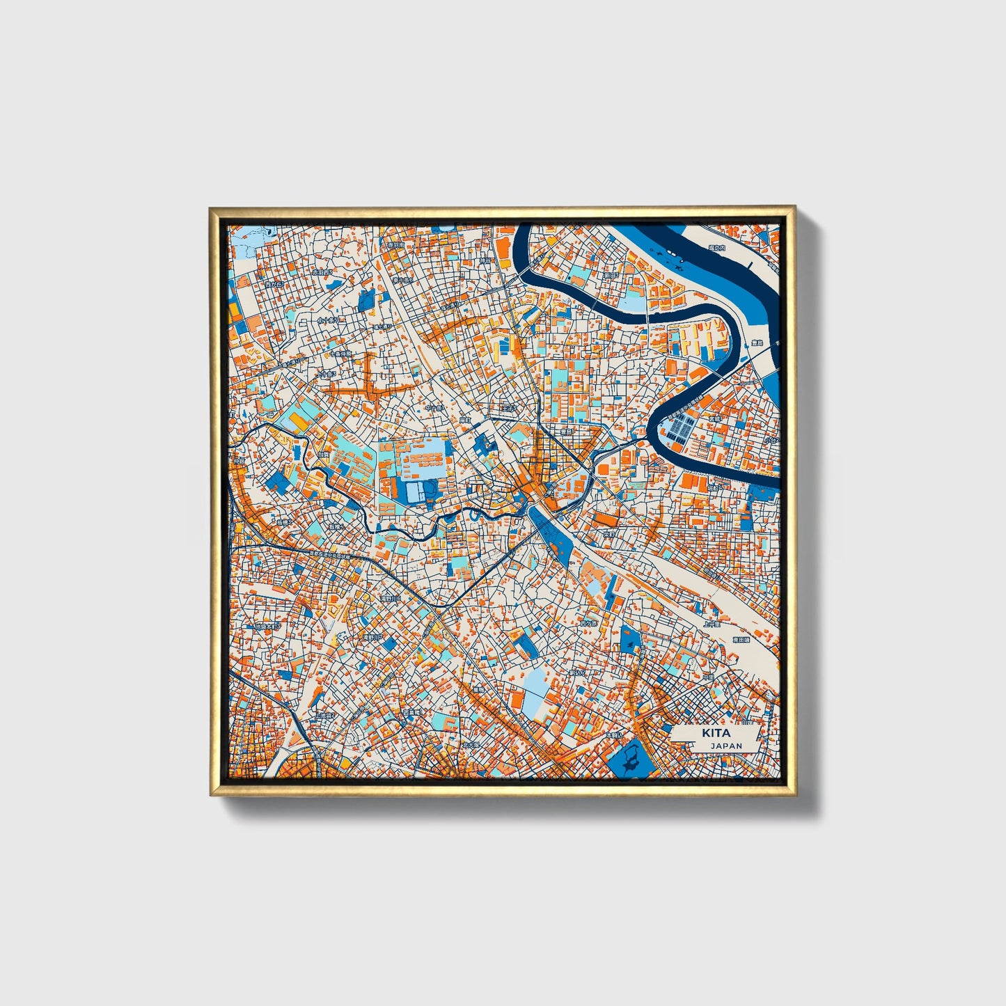 Kita Japan Colorful City Map Canvas Print • Gold Framed