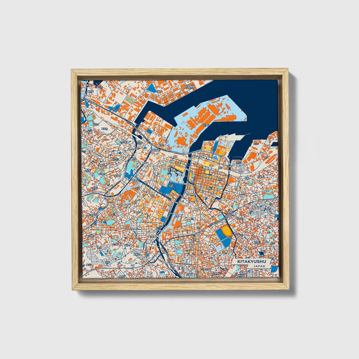 Kitakyushu Japan Colorful City Map Canvas Print • Natural Wooden Framed