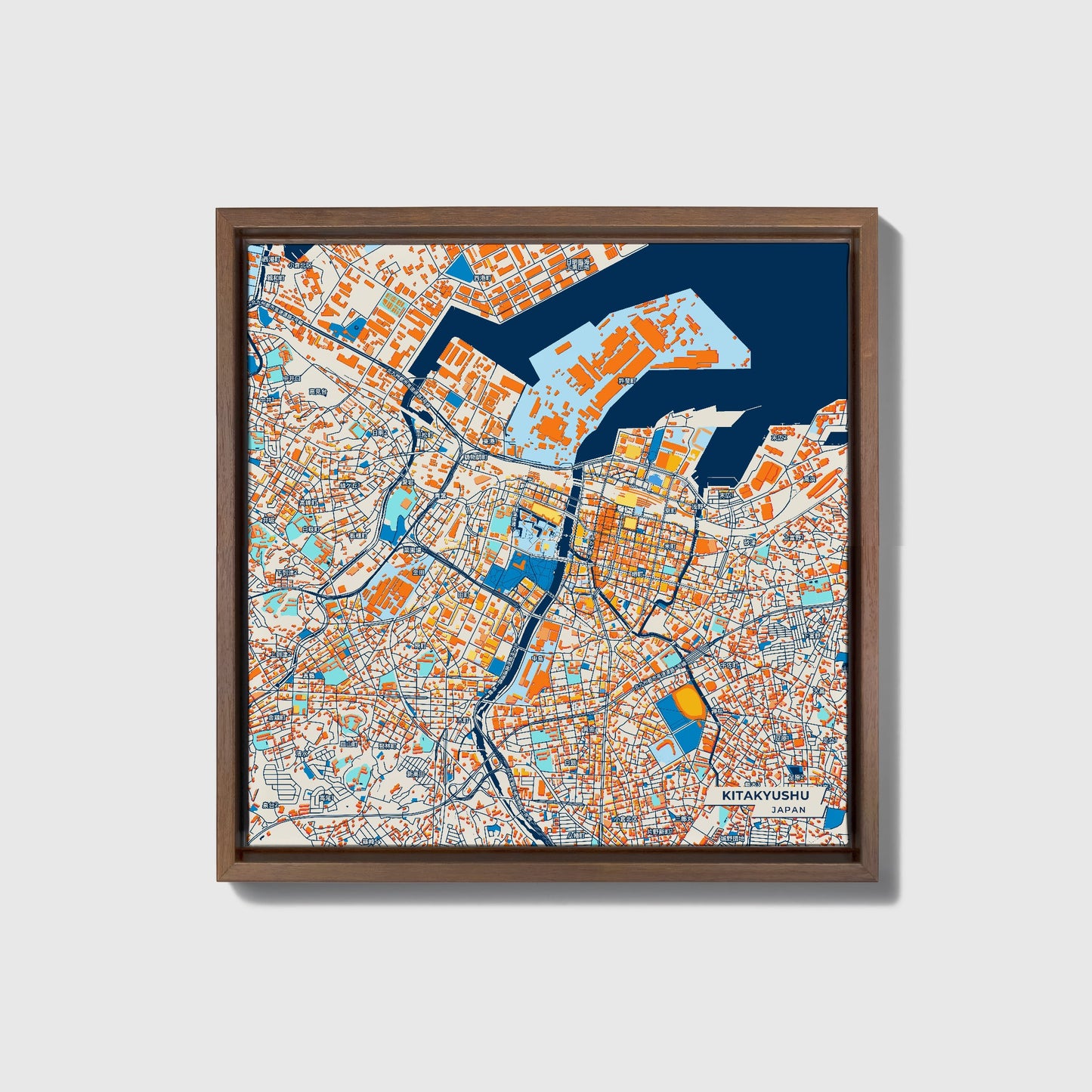 Kitakyushu Japan Colorful City Map Canvas Print • Dark Wooden Framed