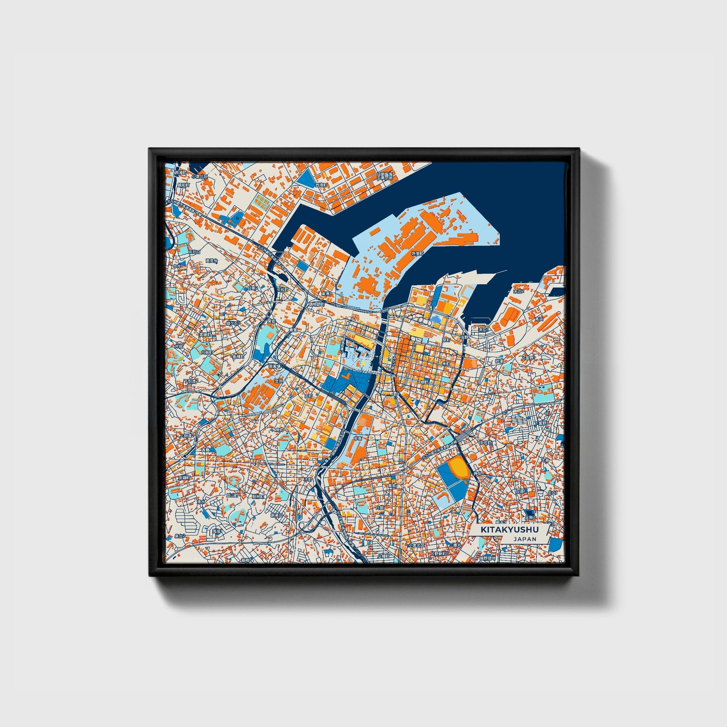 Kitakyushu Japan Colorful City Map Canvas Print • Black Framed