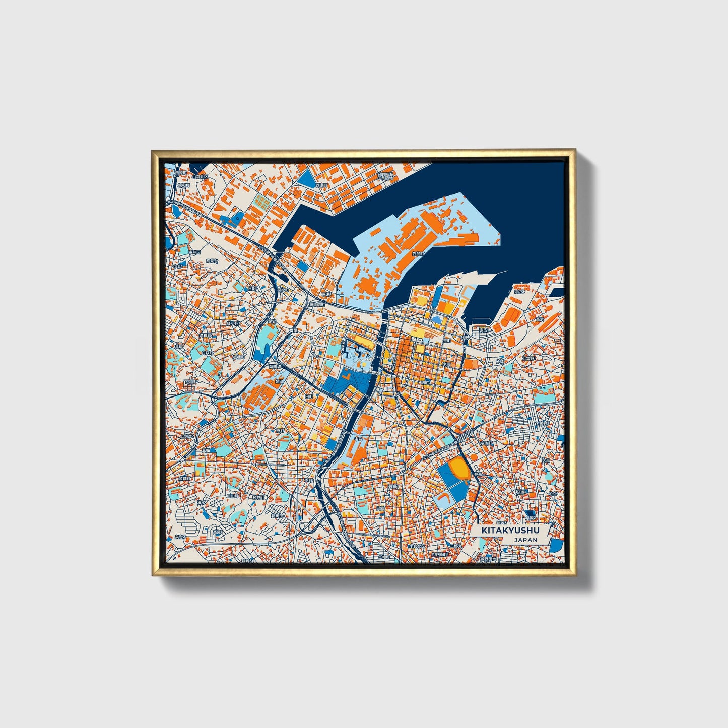 Kitakyushu Japan Colorful City Map Canvas Print • Gold Framed