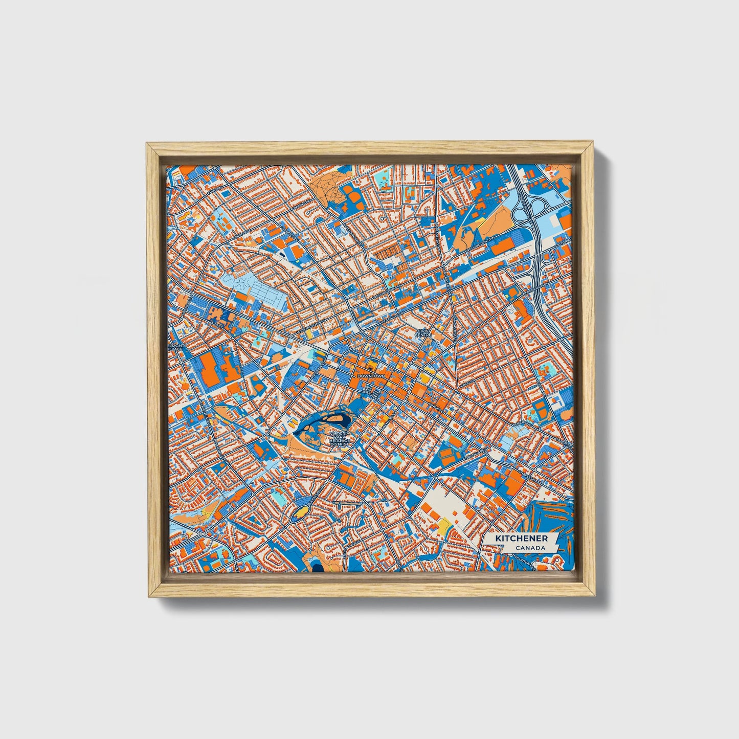 Kitchener Canada Colorful City Map Canvas Print • Natural Wooden Framed