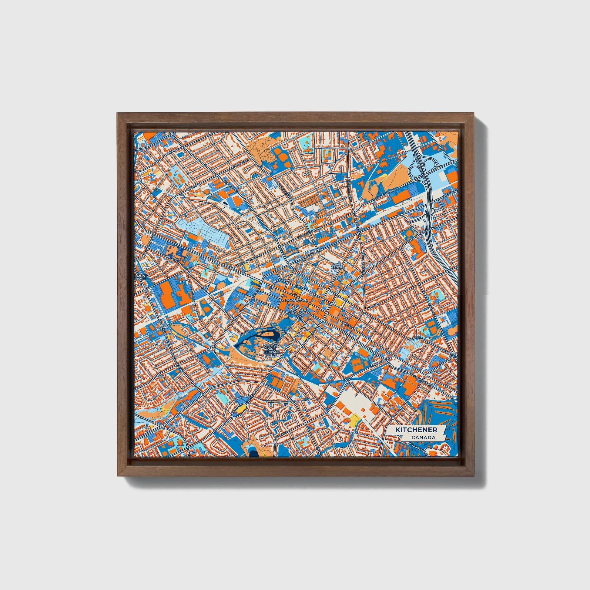 Kitchener Canada Colorful City Map Canvas Print • Dark Wooden Framed
