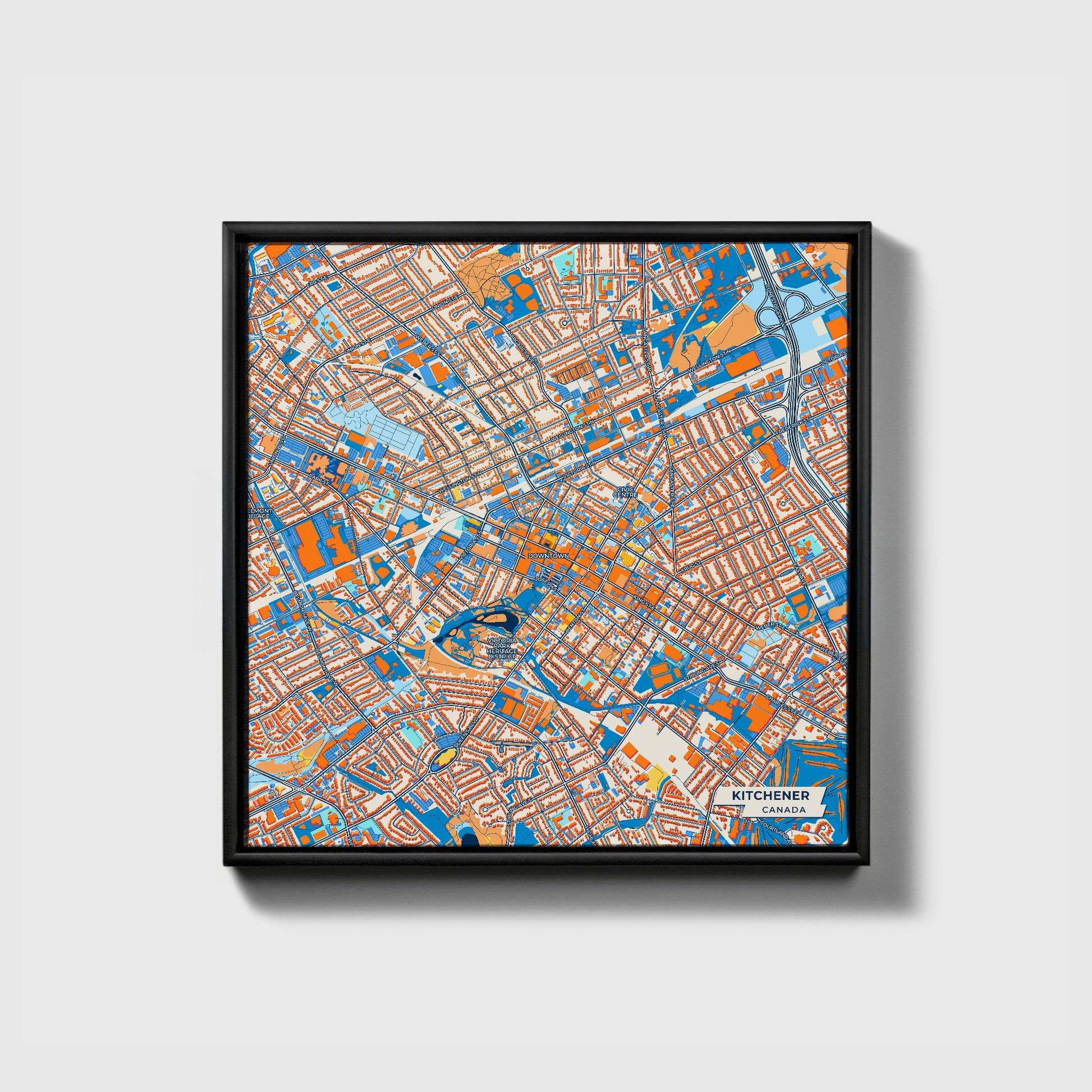 Kitchener Canada Colorful City Map Canvas Print • Black Framed